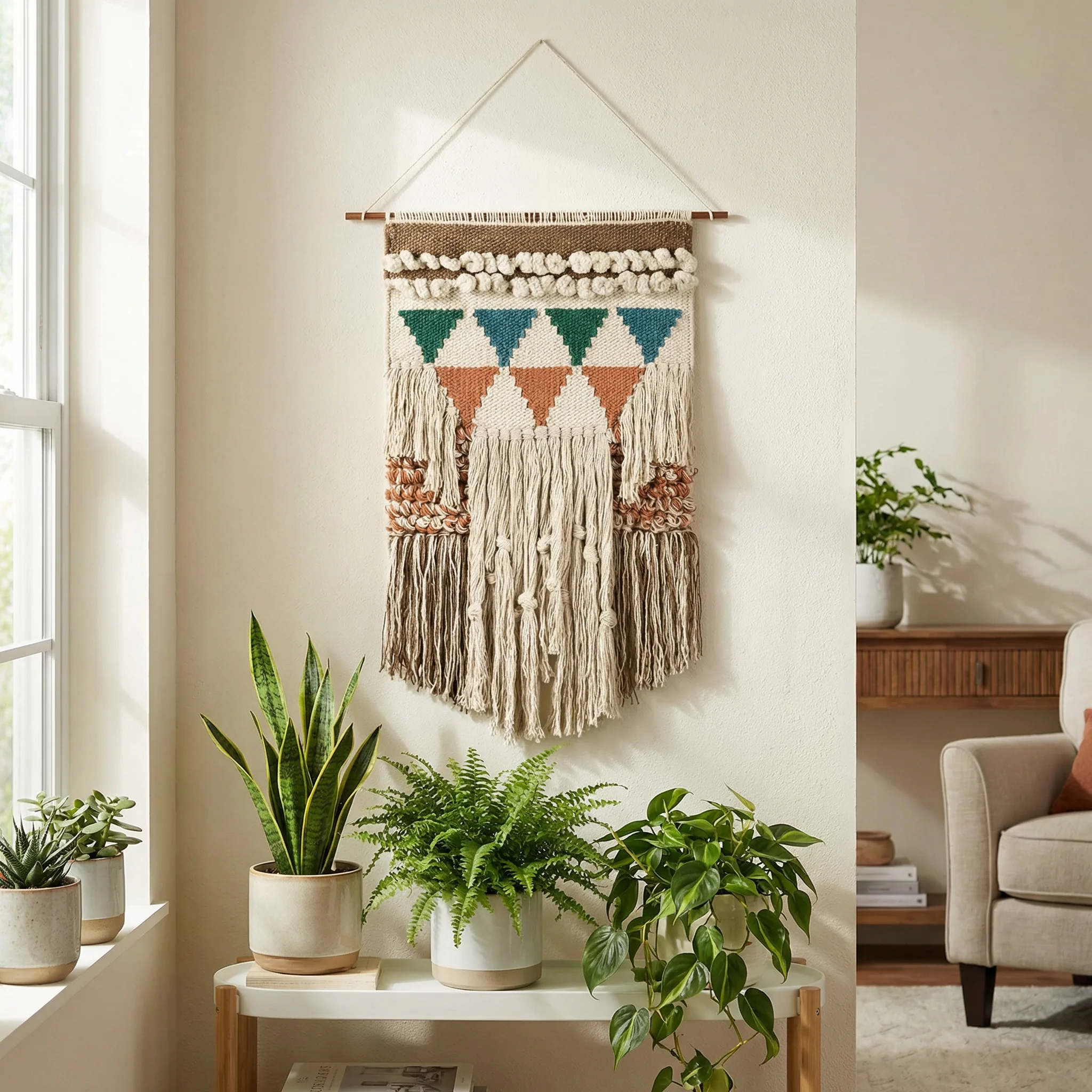 Bohemia Wall Hanging Decor | Boho Geometric Woven Textile with Layered Fringe & Copper Bar | 14" x 24" - Image 2