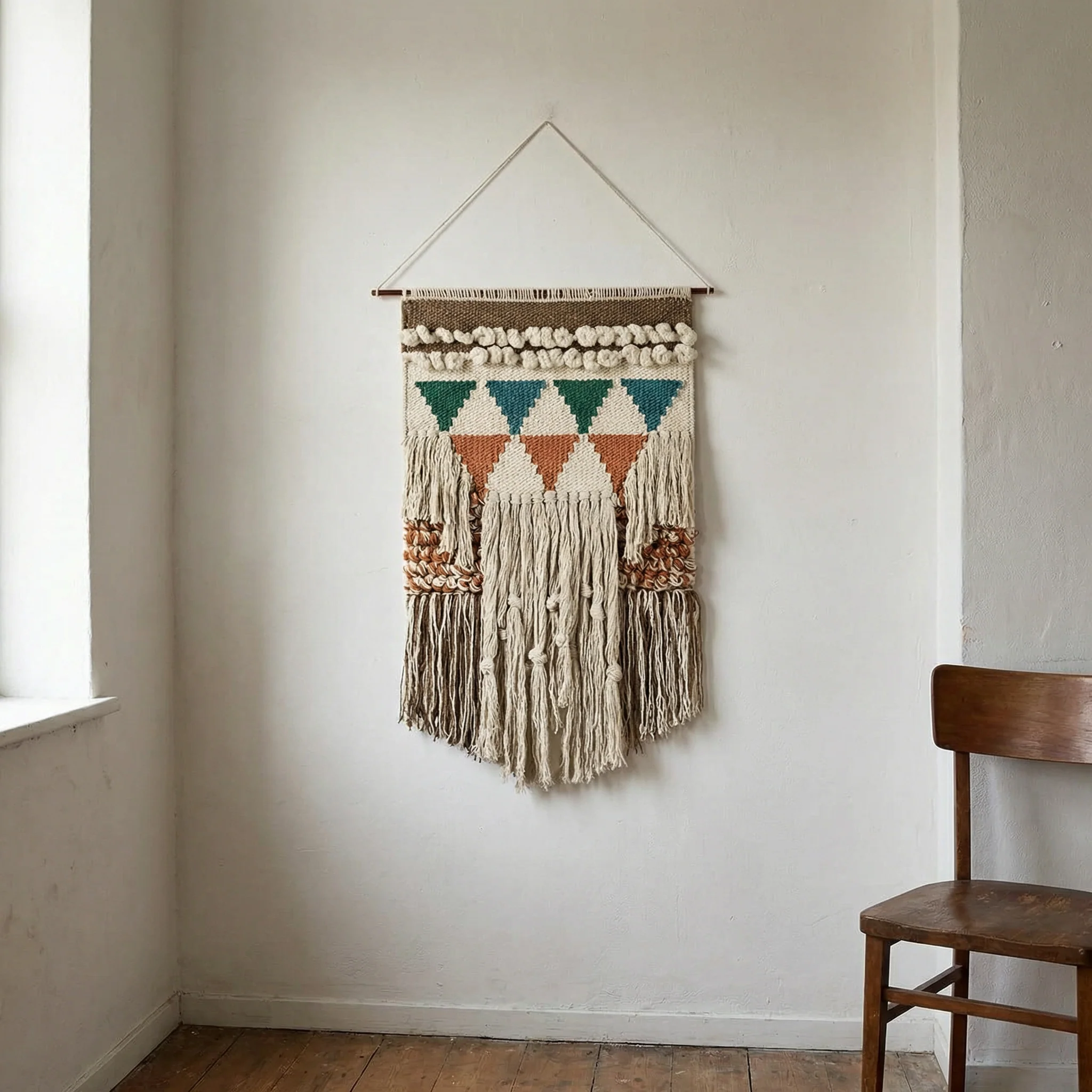 Bohemia Wall Hanging Decor | Boho Geometric Woven Textile with Layered Fringe & Copper Bar | 14" x 24" - Image 3