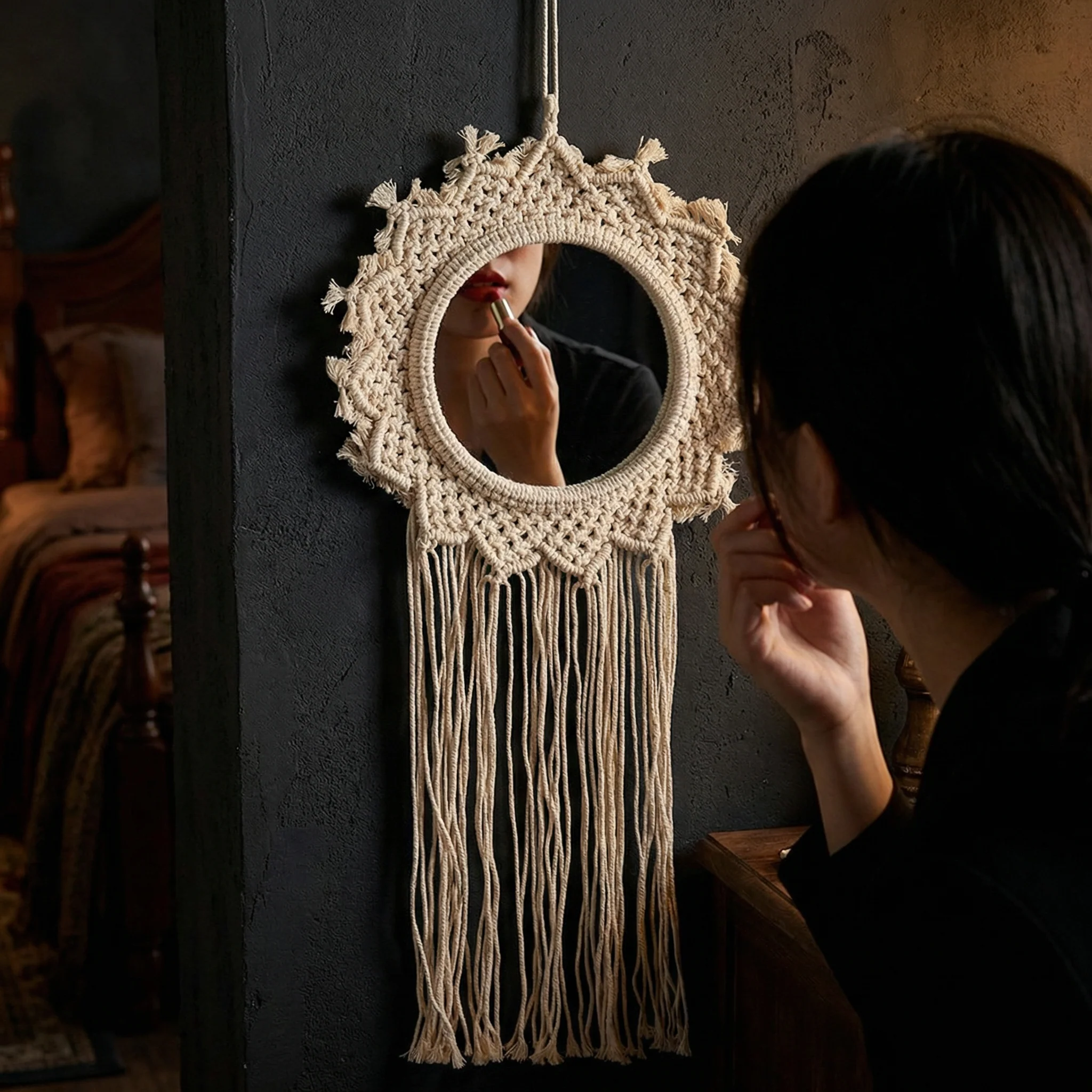 Bohemian Style Hanging Mirror | Wall Hanging Macrame Decor | 12.2" x 25.2" - Image 5