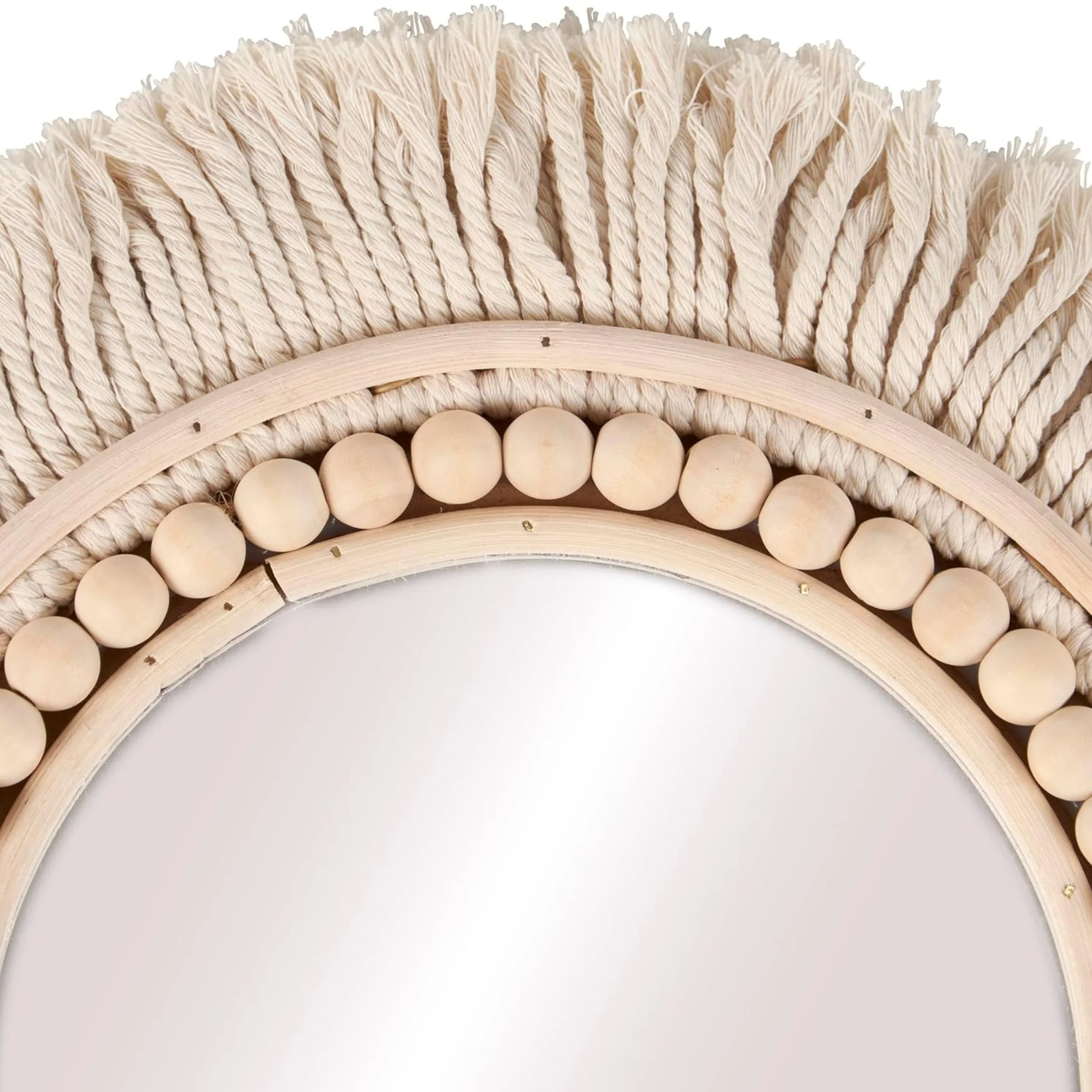 Boho Beaded Fringe Round Wall Mirror | Cotton Fringe & Wooden Bead Decorative Mirror - Image 5