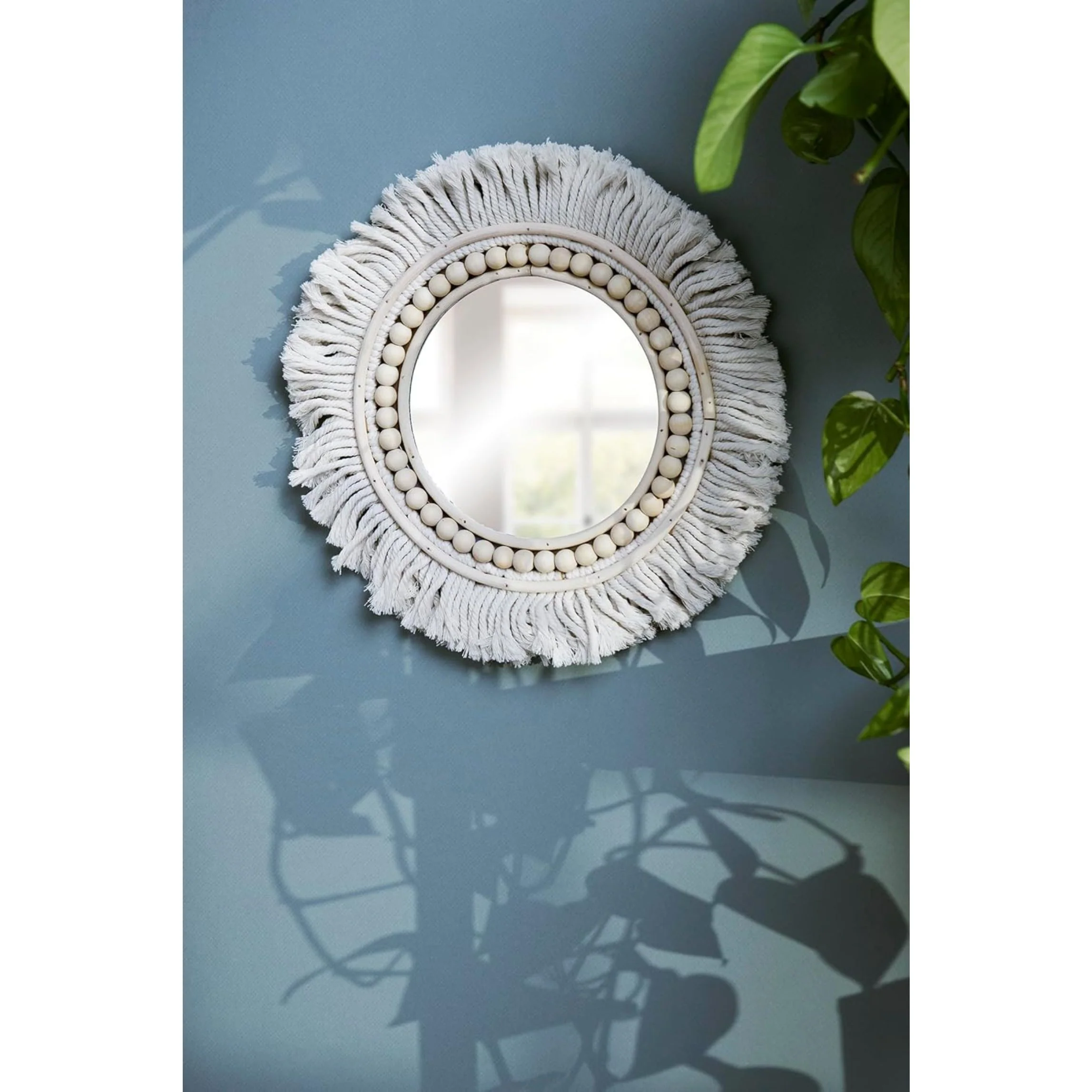 Boho Beaded Fringe Round Wall Mirror | Cotton Fringe & Wooden Bead Decorative Mirror - Image 6