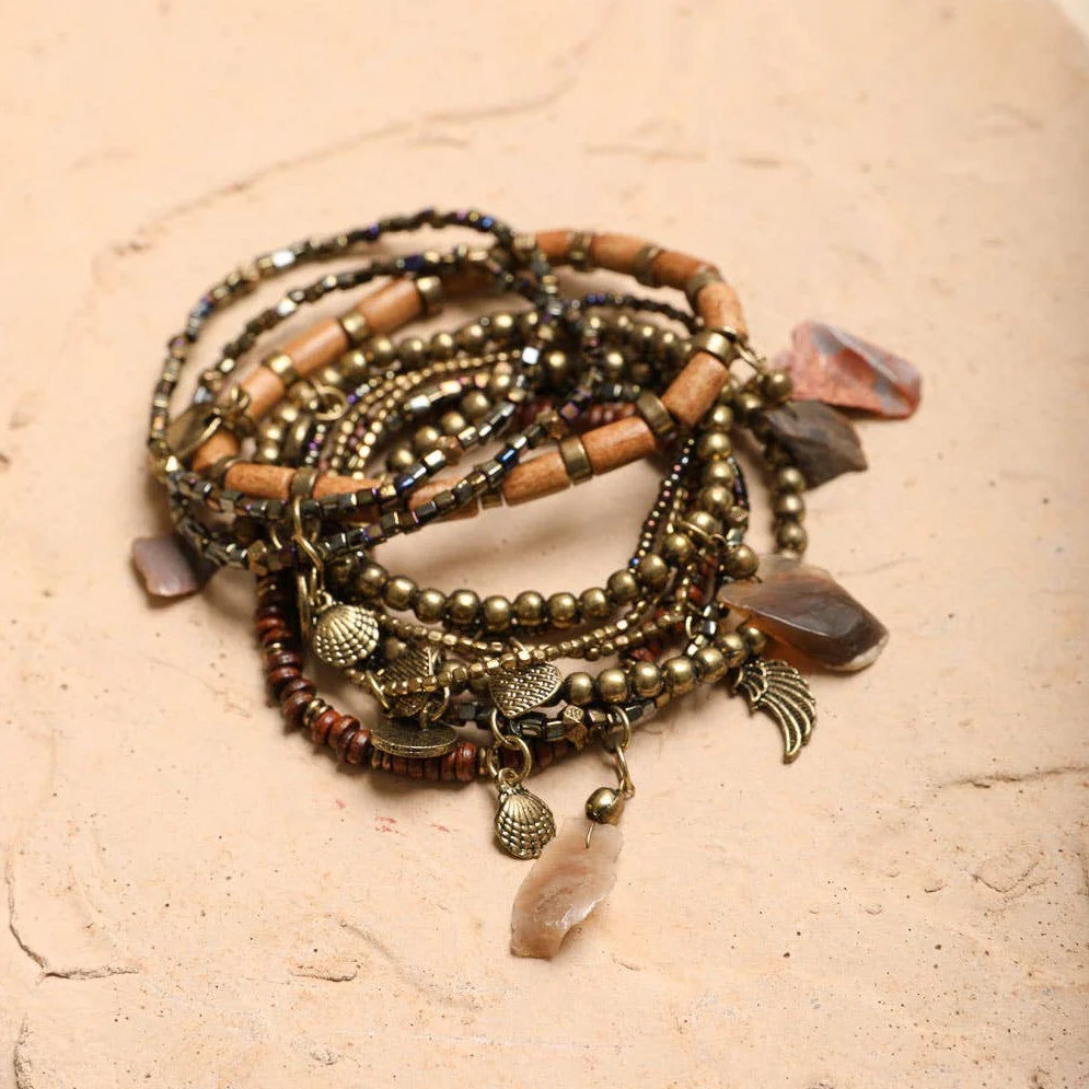 Boho Stone and Bead Stack of 10 Bracelets | Stretch Stackable Jewelry