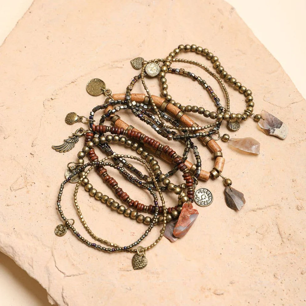 Boho Stone and Bead Stack of 10 Bracelets | Stretch Stackable Jewelry - Image 2