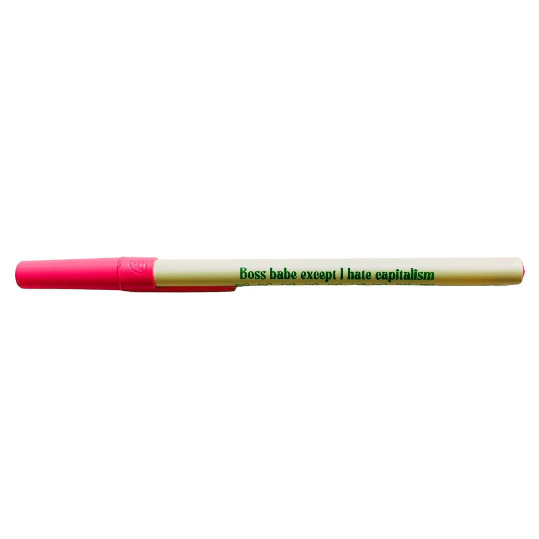 Boss Babe Except I Hate Capitalism Ballpoint Pen in Cream | Gen Z Aesthetic Blue Ink - Image 4
