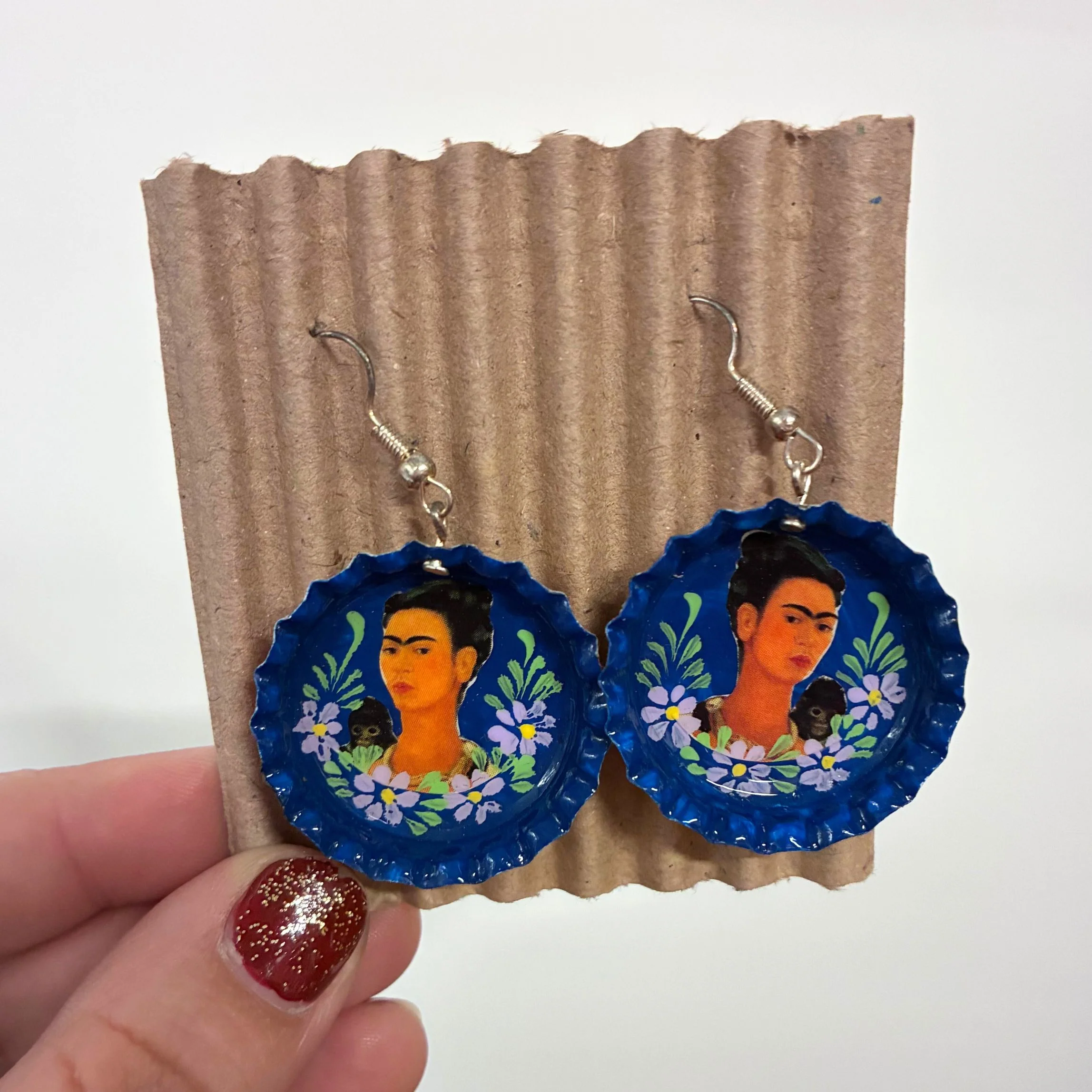 Hand Painted Bottlecap Frida Kahlo Earrings in 4 Color Combos | Made in Peru Hook Dangling Earrings - Image 10