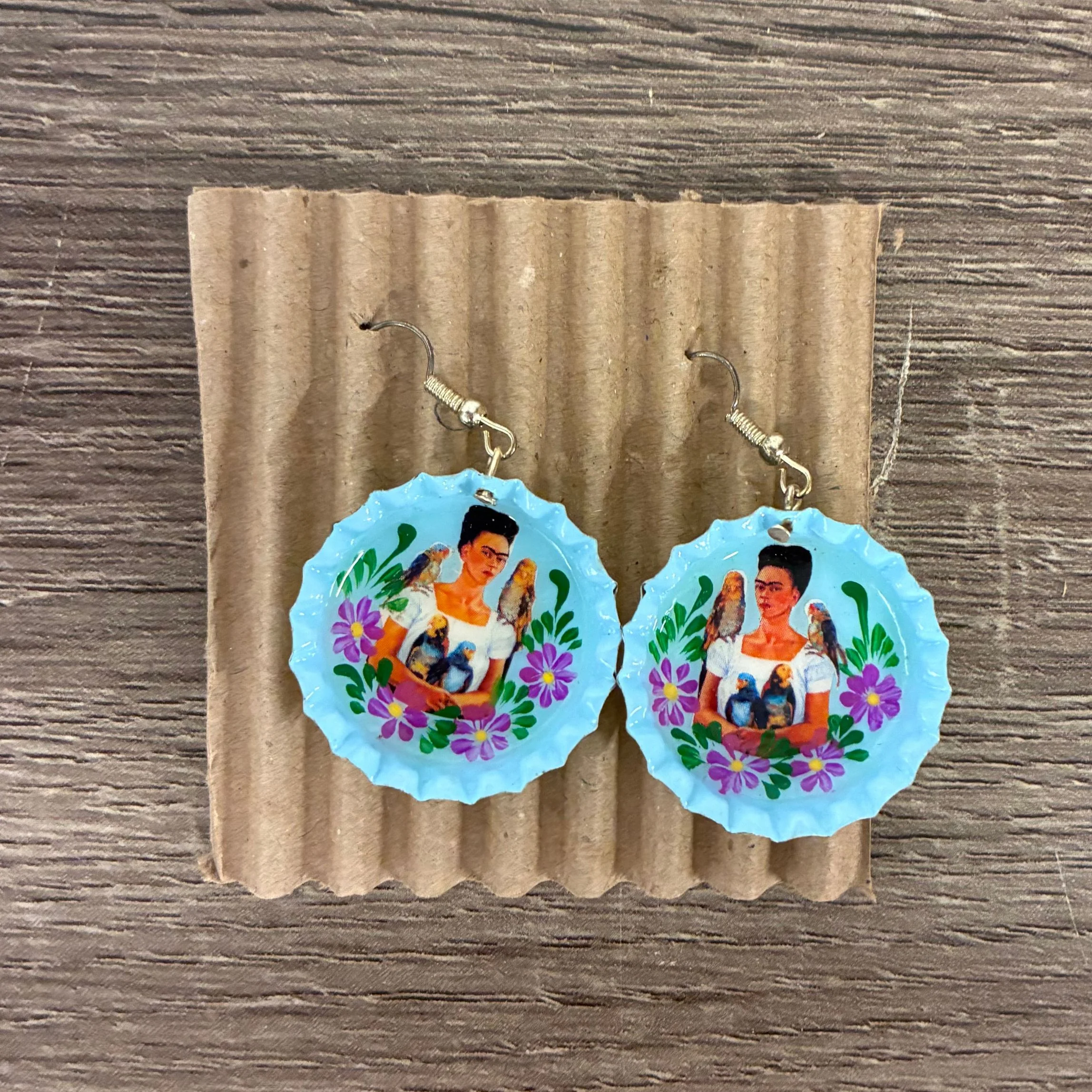 Hand Painted Bottlecap Frida Kahlo Earrings in 4 Color Combos | Made in Peru Hook Dangling Earrings - Image 11