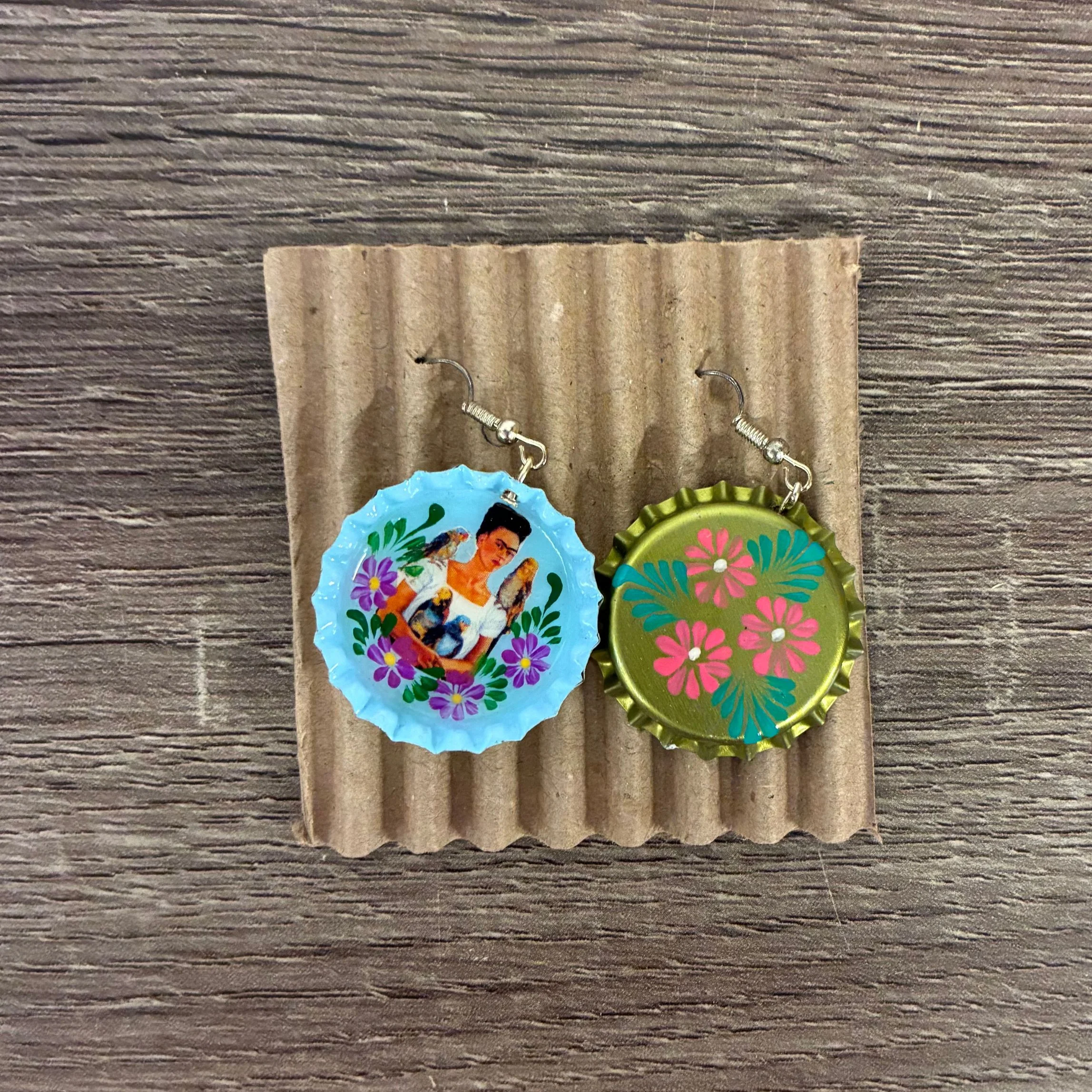 Hand Painted Bottlecap Frida Kahlo Earrings in 4 Color Combos | Made in Peru Hook Dangling Earrings - Image 12