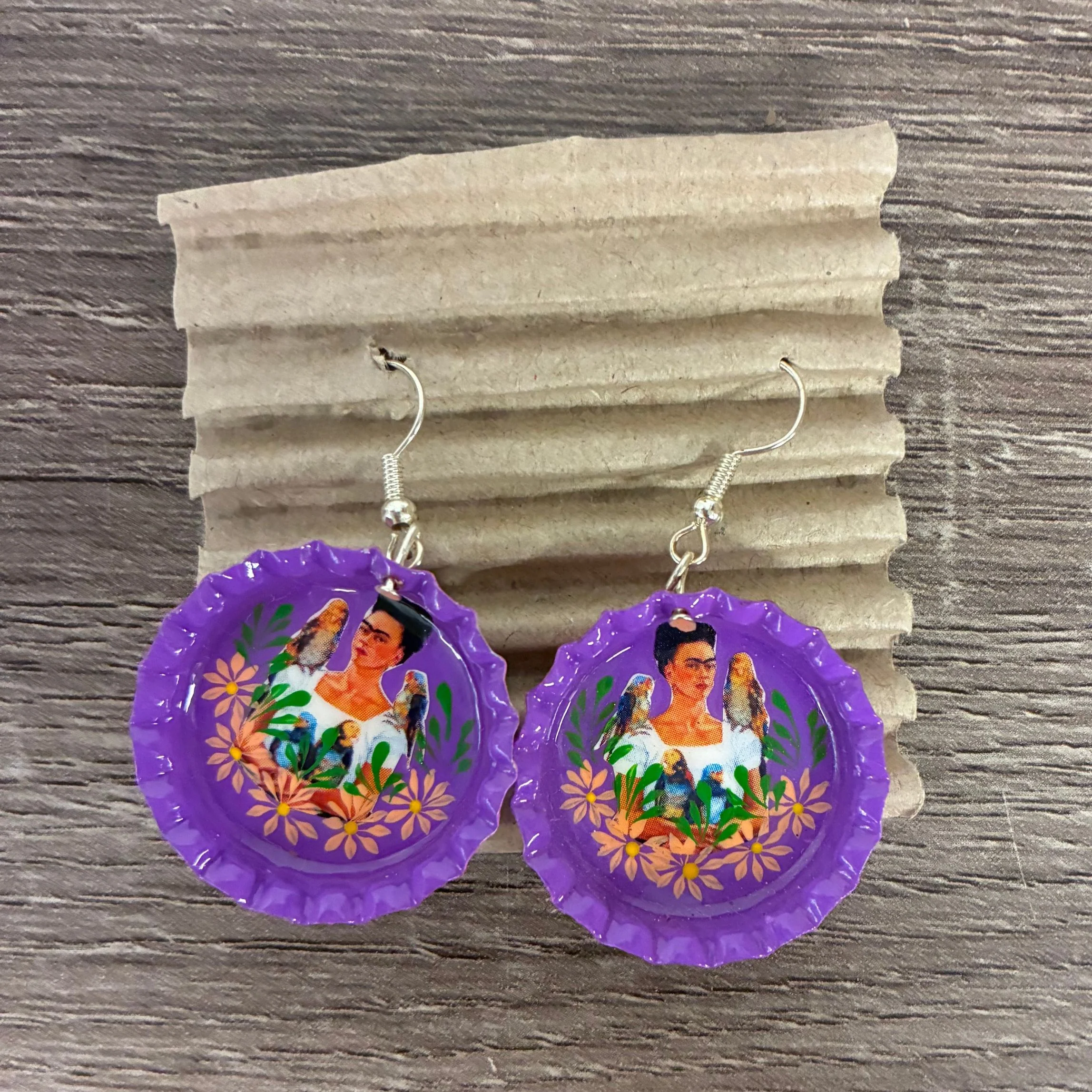 Hand Painted Bottlecap Frida Kahlo Earrings in 4 Color Combos | Made in Peru Hook Dangling Earrings - Image 14