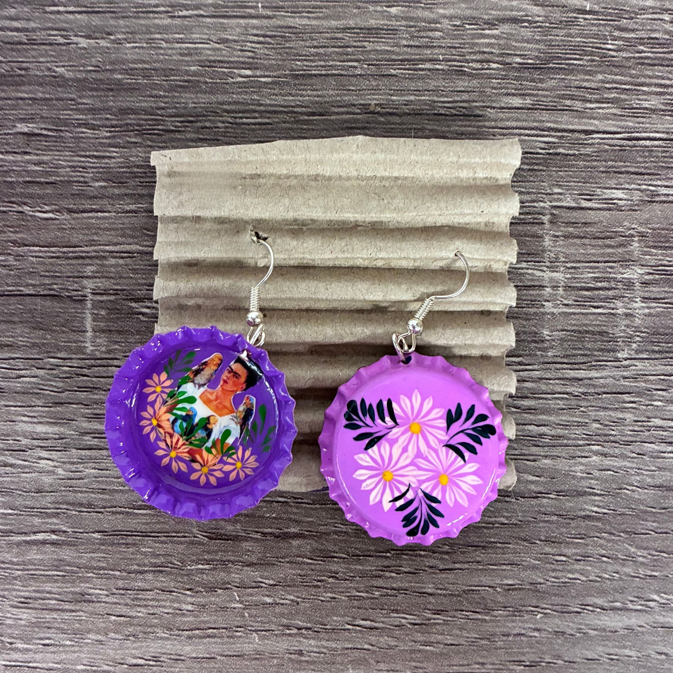 Hand Painted Bottlecap Frida Kahlo Earrings in 4 Color Combos | Made in Peru Hook Dangling Earrings - Image 16