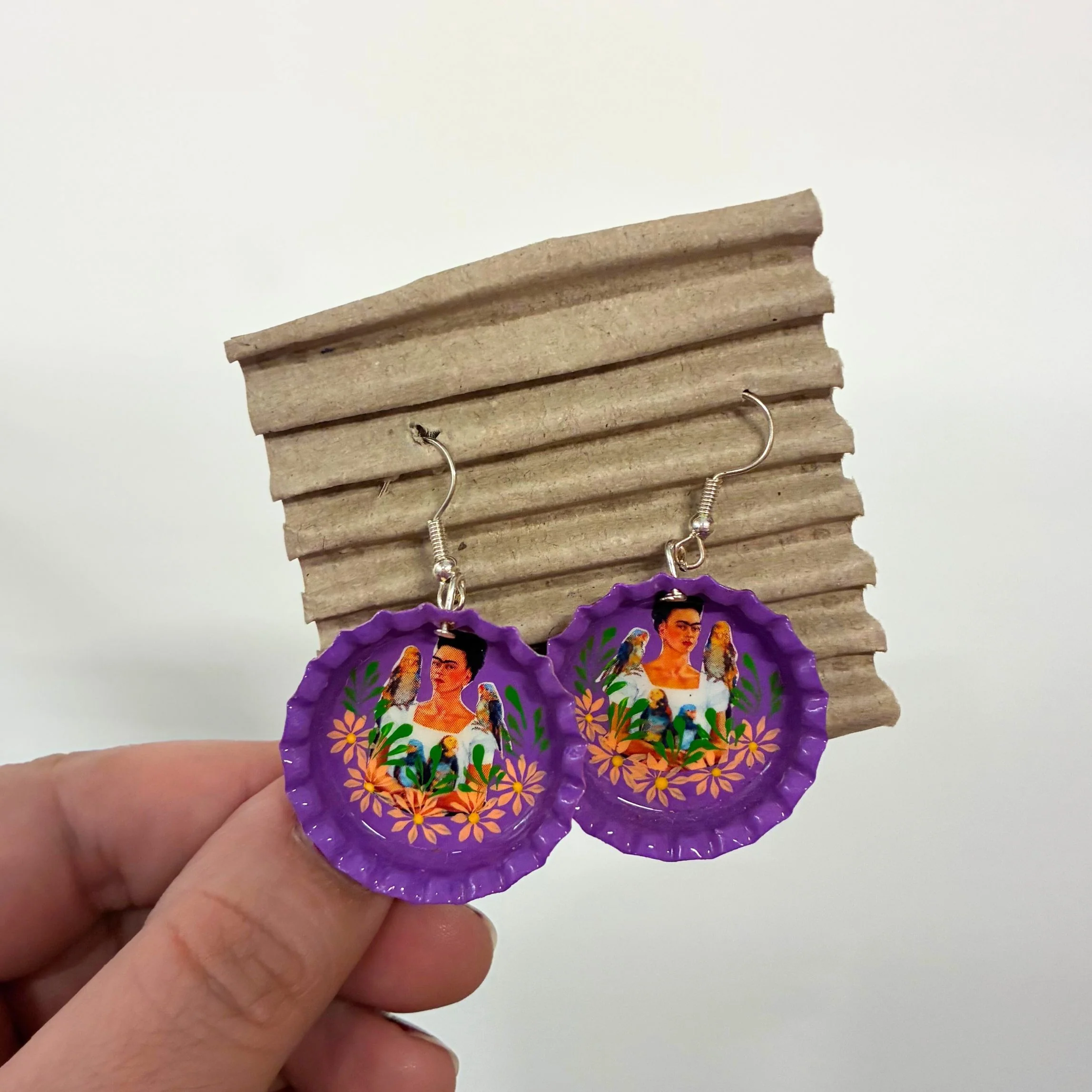 Hand Painted Bottlecap Frida Kahlo Earrings in 4 Color Combos | Made in Peru Hook Dangling Earrings - Image 17