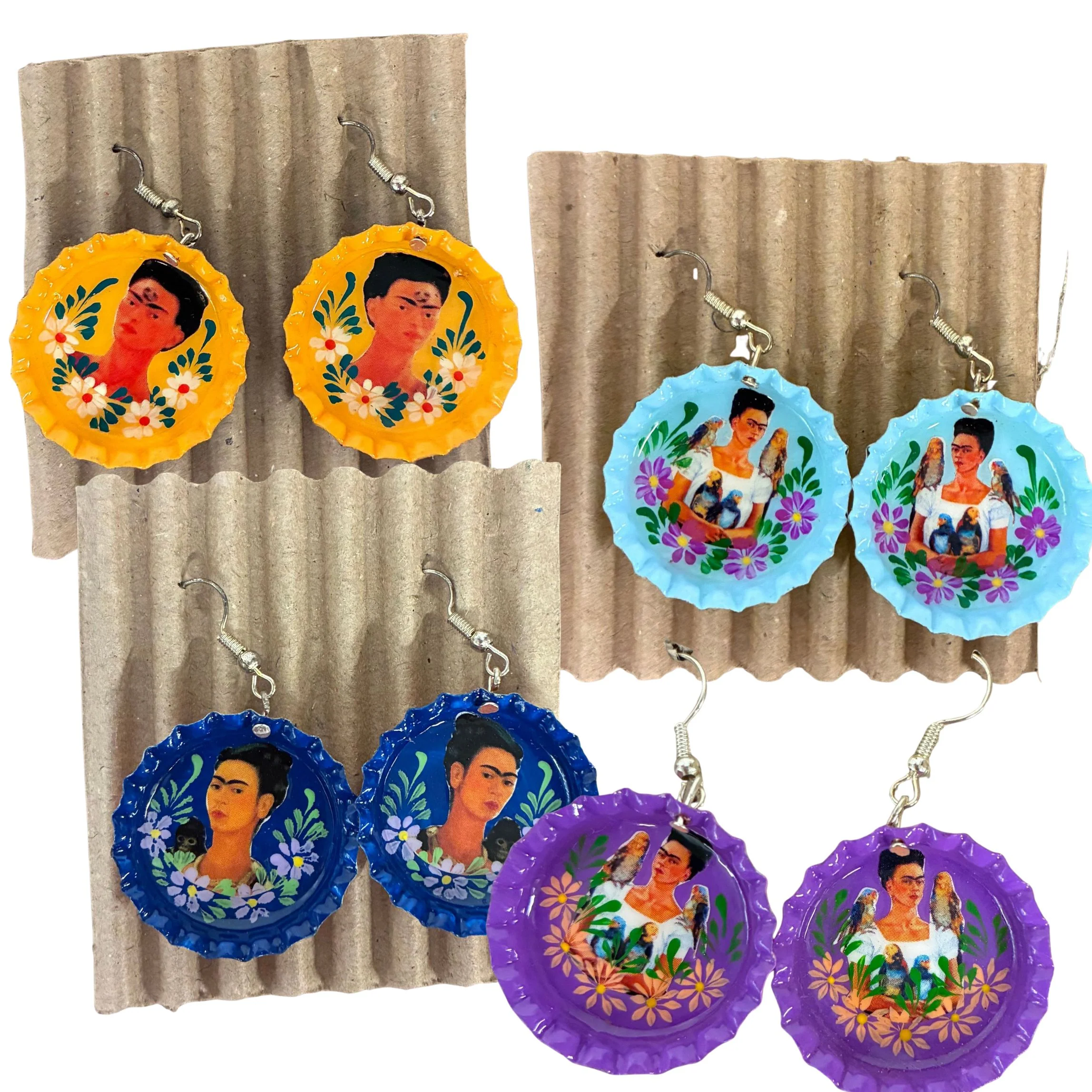Hand Painted Bottlecap Frida Kahlo Earrings in 4 Color Combos | Made in Peru Hook Dangling Earrings - Image 2