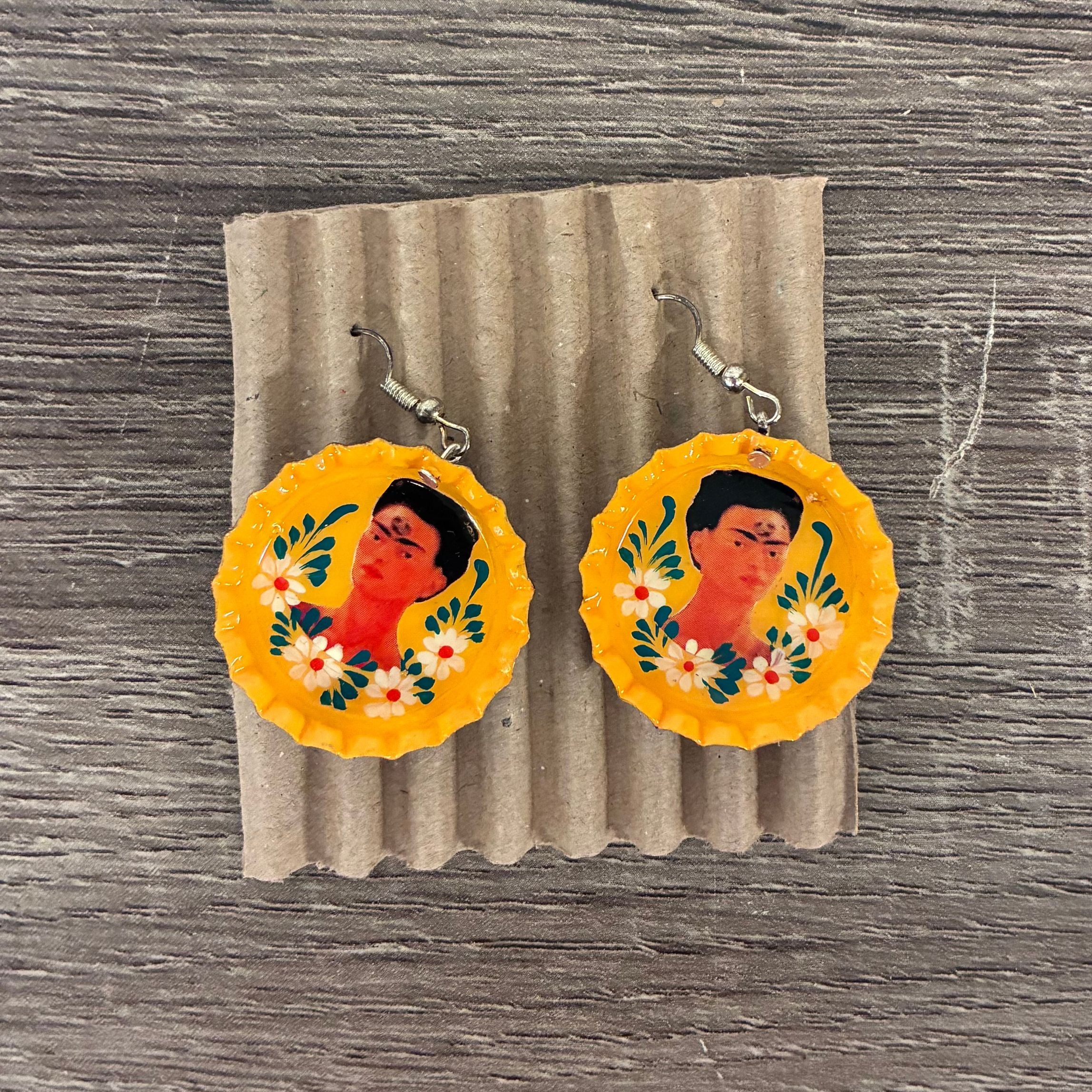 Hand Painted Bottlecap Frida Kahlo Earrings in 4 Color Combos | Made in Peru Hook Dangling Earrings - Image 3