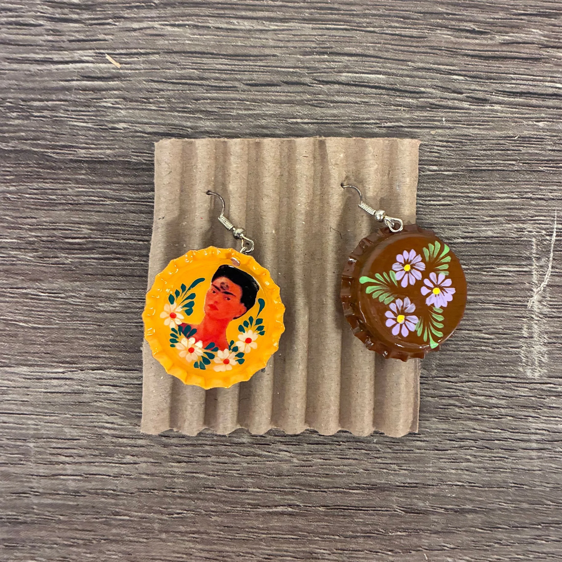 Hand Painted Bottlecap Frida Kahlo Earrings in 4 Color Combos | Made in Peru Hook Dangling Earrings - Image 5