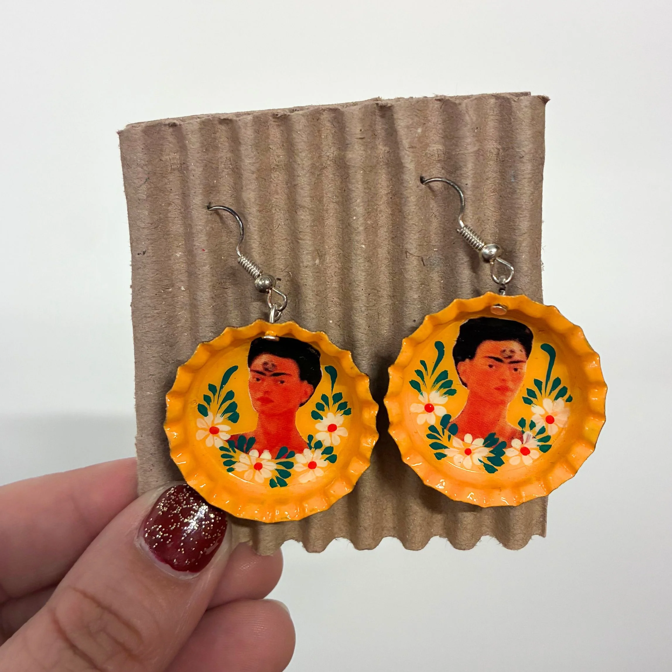 Hand Painted Bottlecap Frida Kahlo Earrings in 4 Color Combos | Made in Peru Hook Dangling Earrings - Image 6