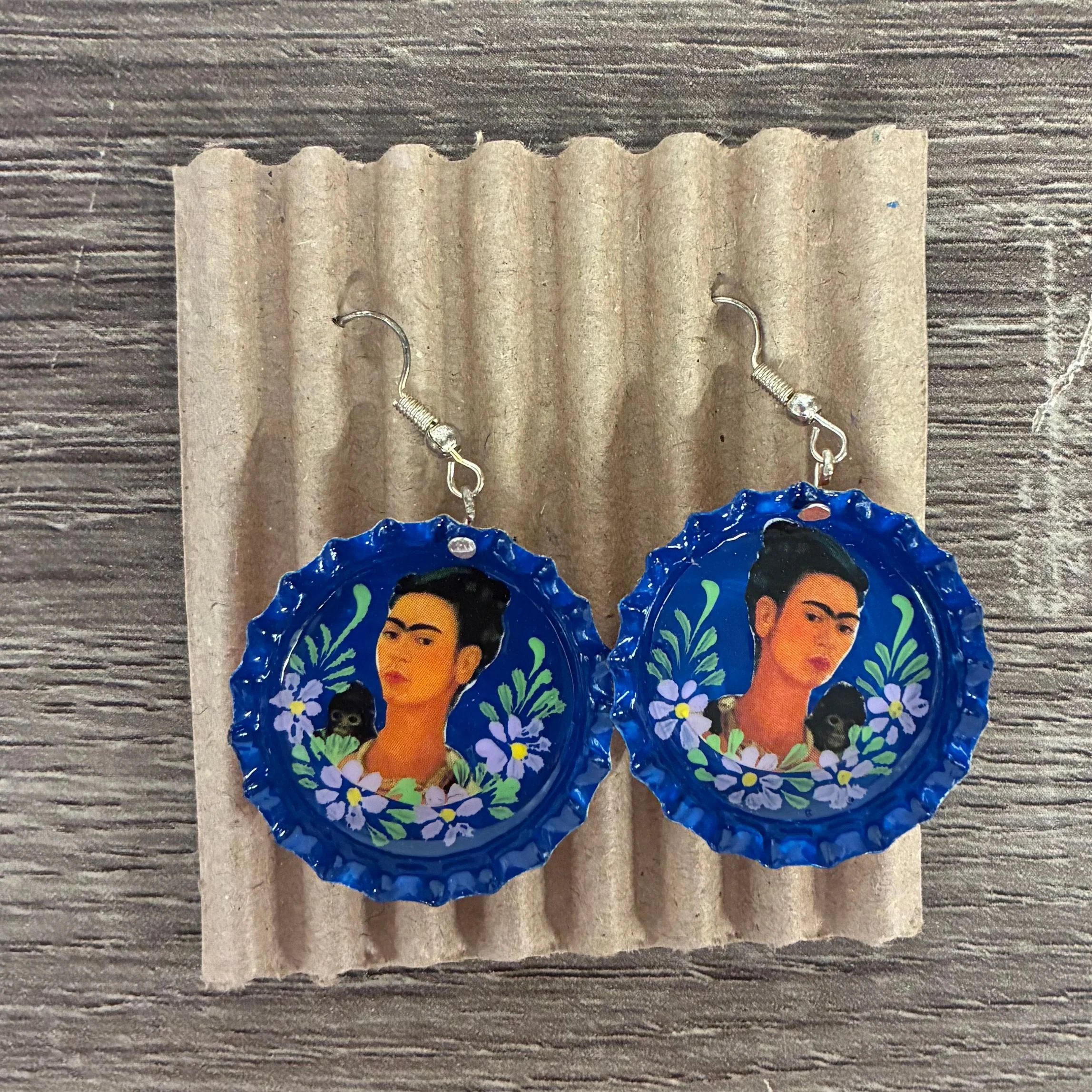 Hand Painted Bottlecap Frida Kahlo Earrings in 4 Color Combos | Made in Peru Hook Dangling Earrings - Image 7