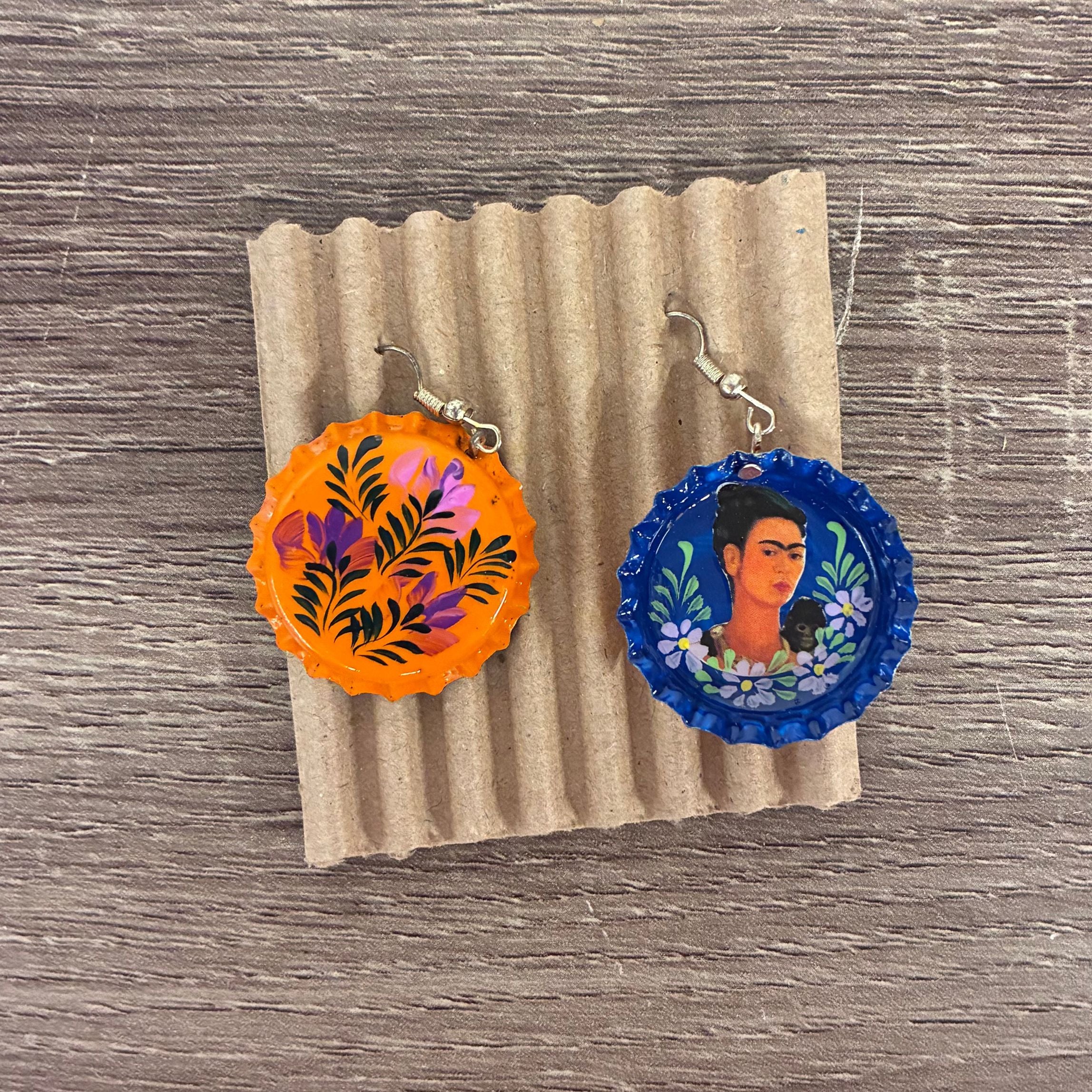 Hand Painted Bottlecap Frida Kahlo Earrings in 4 Color Combos | Made in Peru Hook Dangling Earrings - Image 9