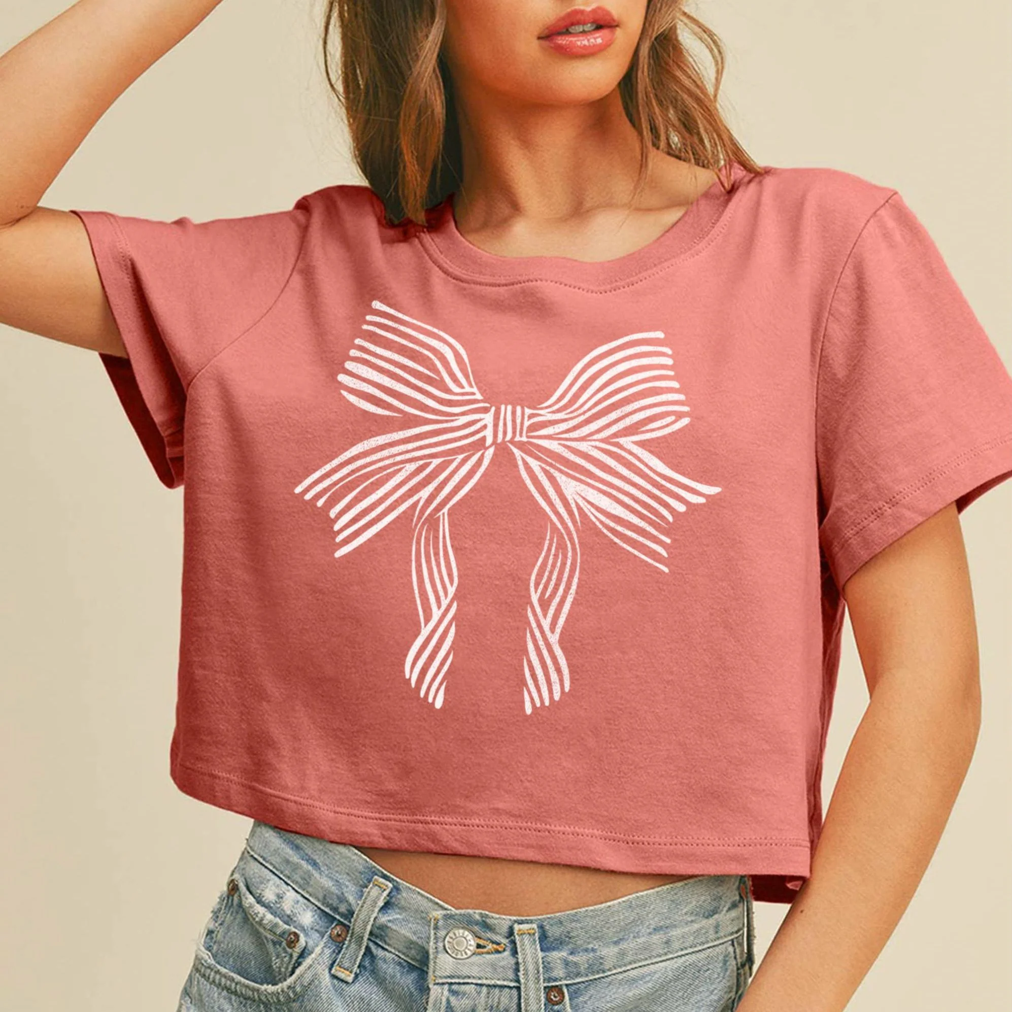 Bow Graphic Tee Printed Crop Top | Coquette Short T-Shirt in Vintage Rose [S-L] - Image 2