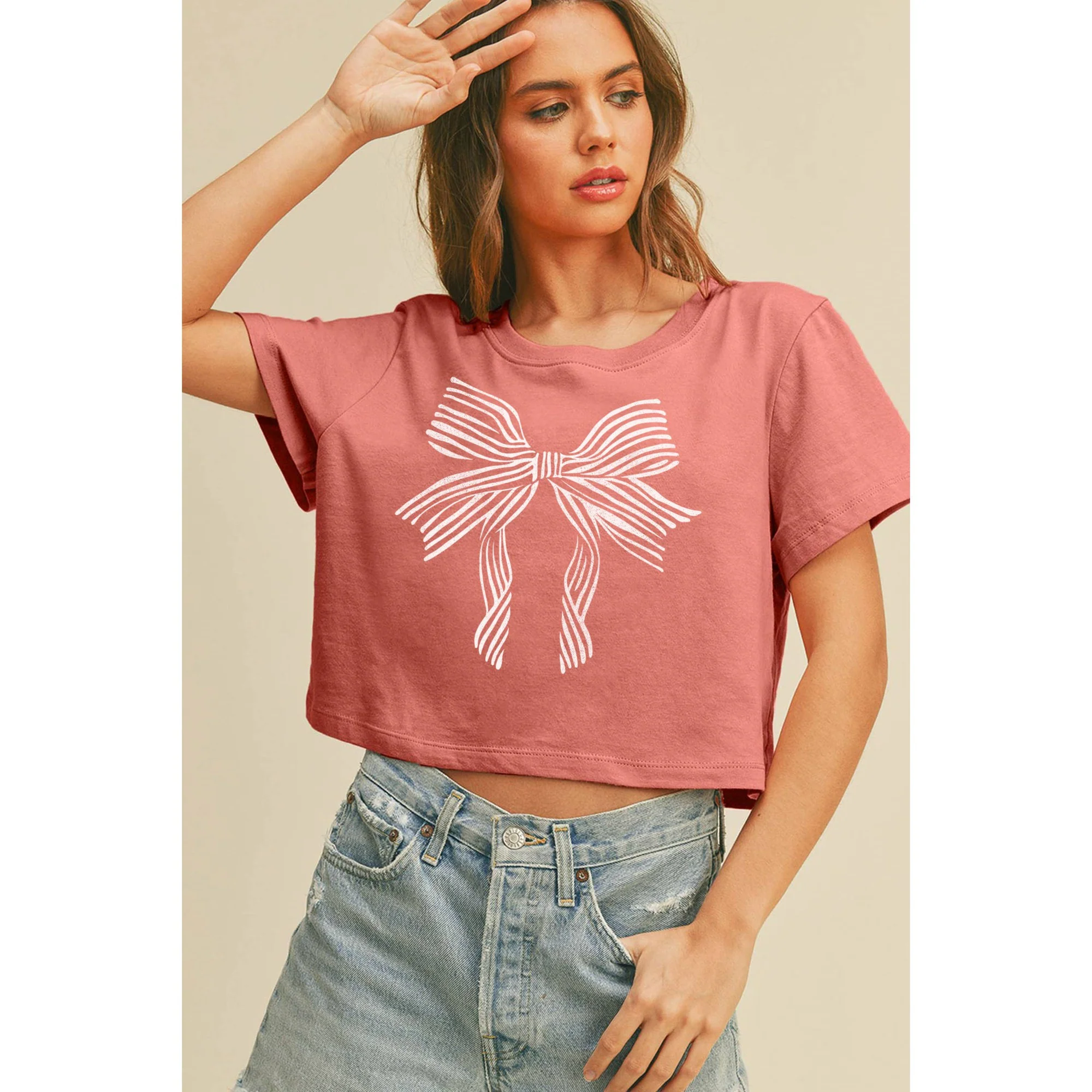 Bow Graphic Tee Printed Crop Top | Coquette Short T-Shirt in Vintage Rose [S-L] - Image 3