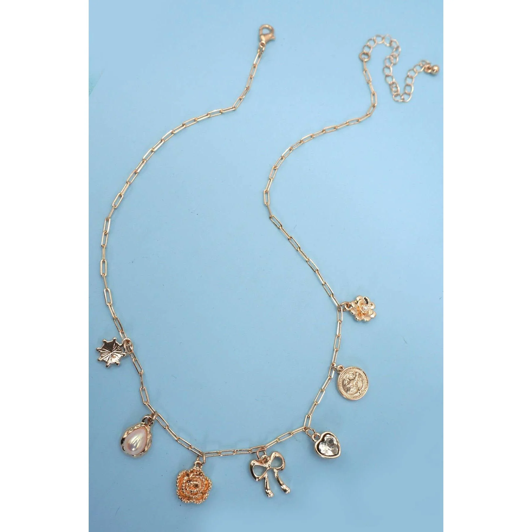 Coquettecore Bow Heart Flower Charm Link Chain Necklace in Gold Plating | 16.5" Length | Paper Clip Style Chain - Image 3