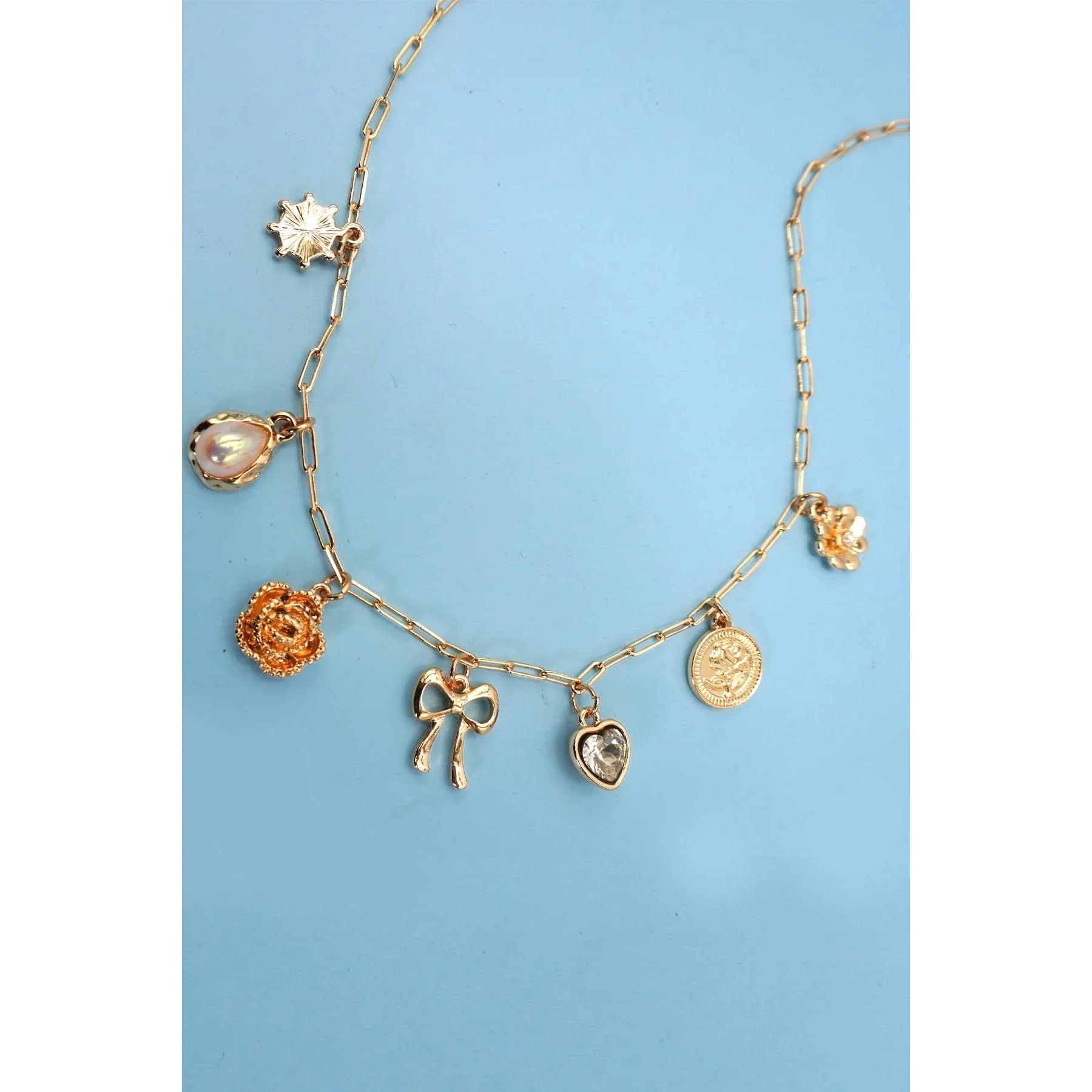Coquettecore Bow Heart Flower Charm Link Chain Necklace in Gold Plating | 16.5" Length | Paper Clip Style Chain - Image 4