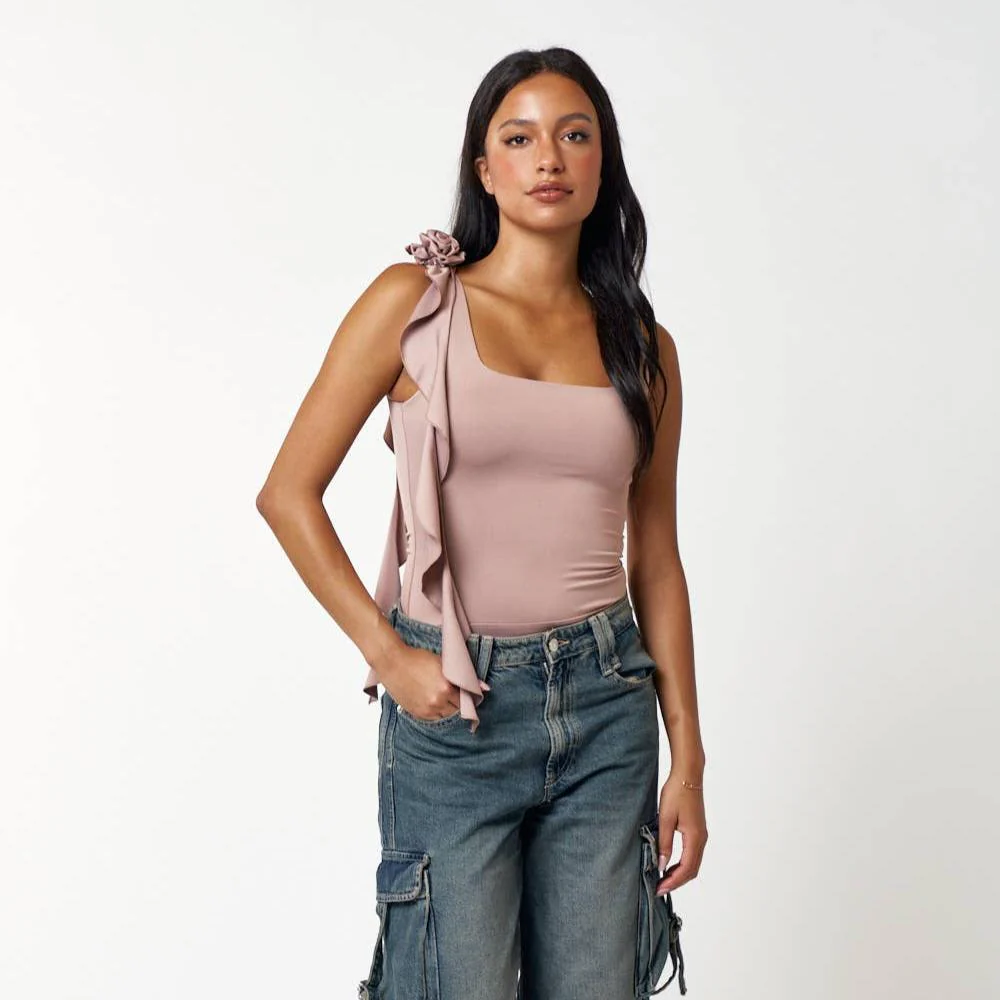 Rose Frilled Sleeveless Square Neck Bodysuit in Nutmeg [Size SM-M] - Image 2
