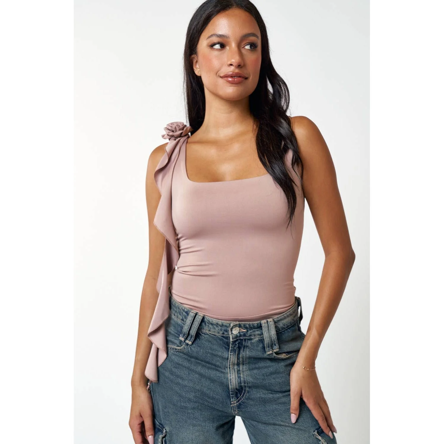 Rose Frilled Sleeveless Square Neck Bodysuit in Nutmeg [Size SM-M] - Image 4