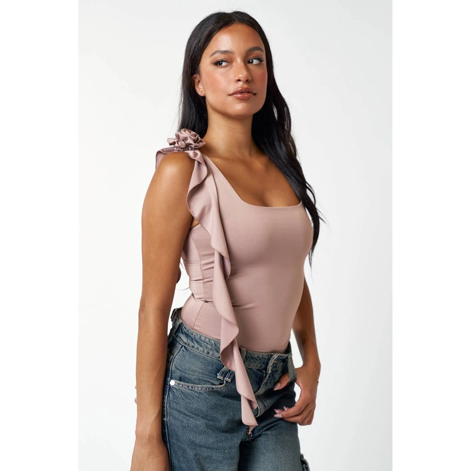 Rose Frilled Sleeveless Square Neck Bodysuit in Nutmeg [Size SM-M] - Image 5