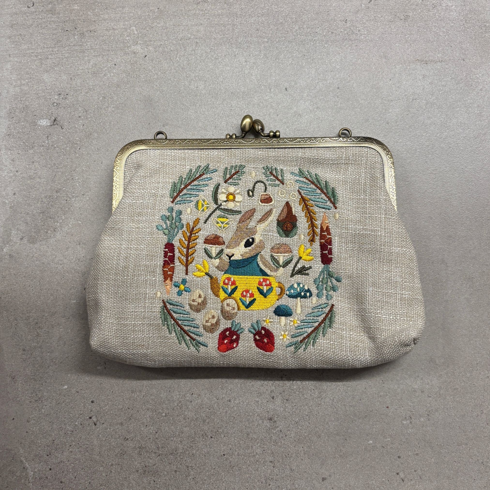 Bunny Kisslock Bag in Linen | Embroidered Design Handheld Shoulder Bag - Image 2