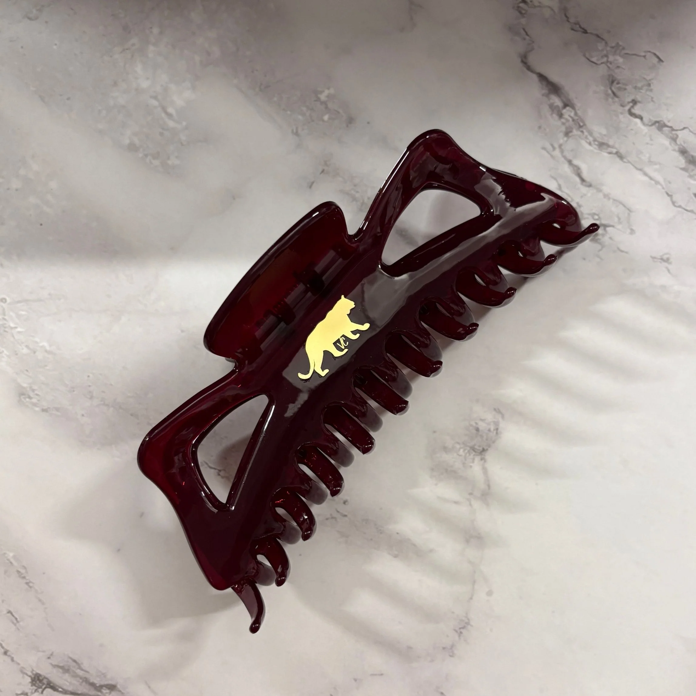 Giant Burgundy Hue Megabow Hair Claw for Long, Thick Hair | Velvet Claws Panther Icon in Gold Foil - Image 3