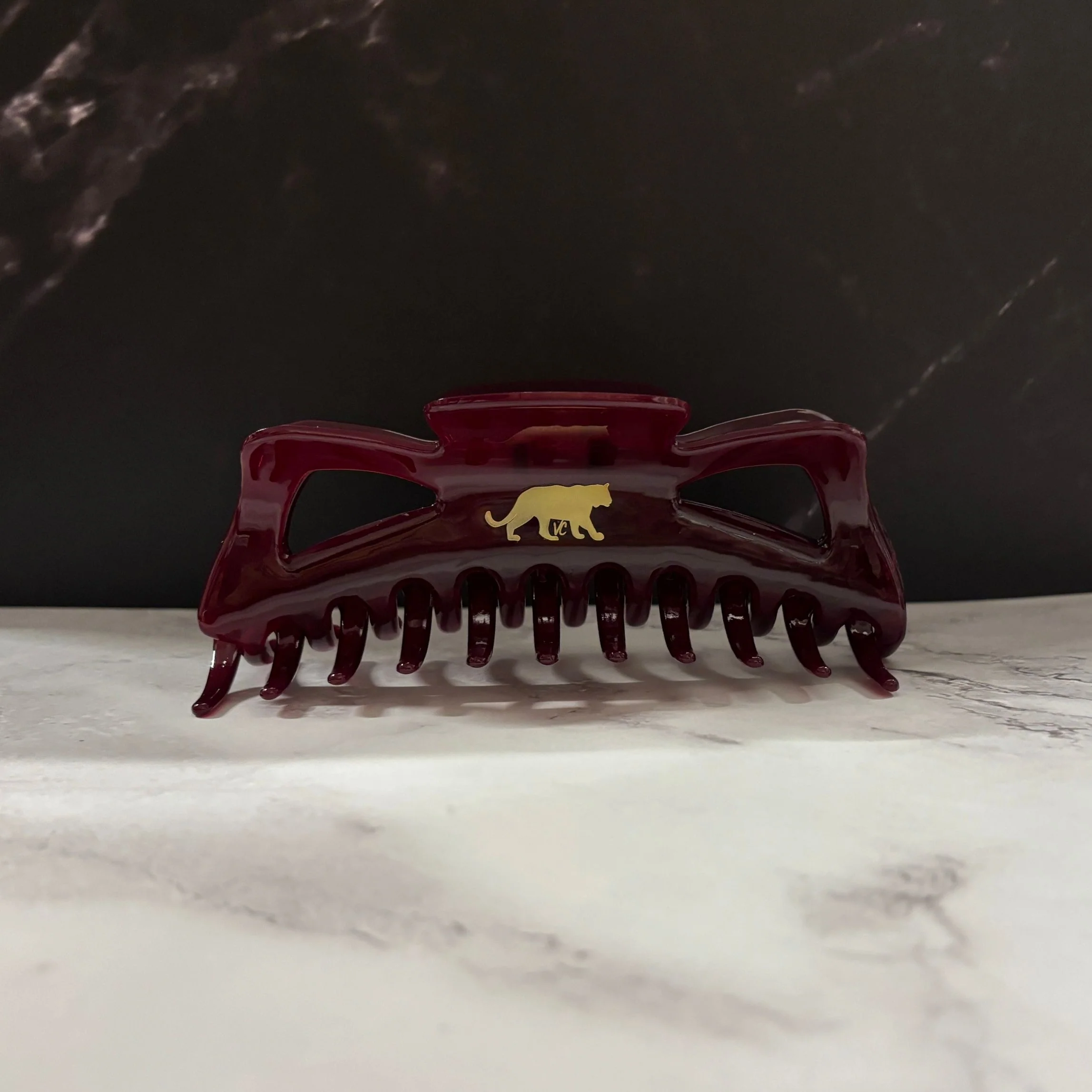 Giant Burgundy Hue Megabow Hair Claw for Long, Thick Hair | Velvet Claws Panther Icon in Gold Foil - Image 4