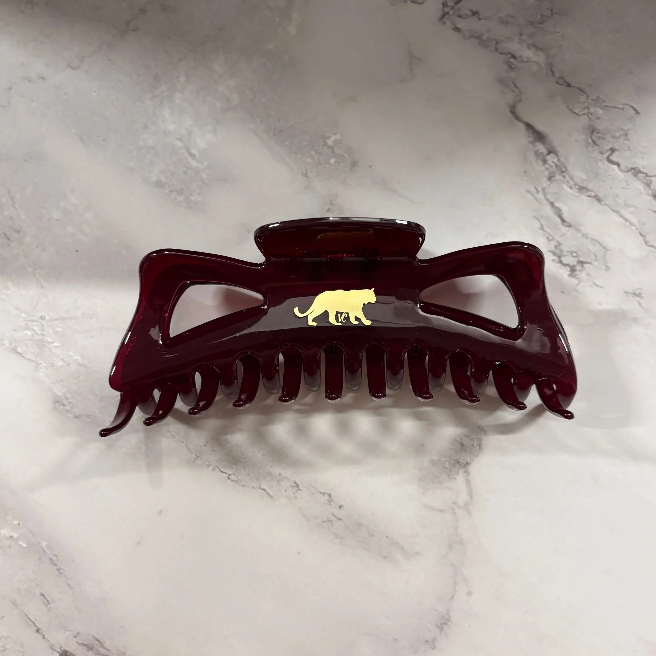 Giant Burgundy Hue Megabow Hair Claw for Long, Thick Hair | Velvet Claws Panther Icon in Gold Foil - Image 5