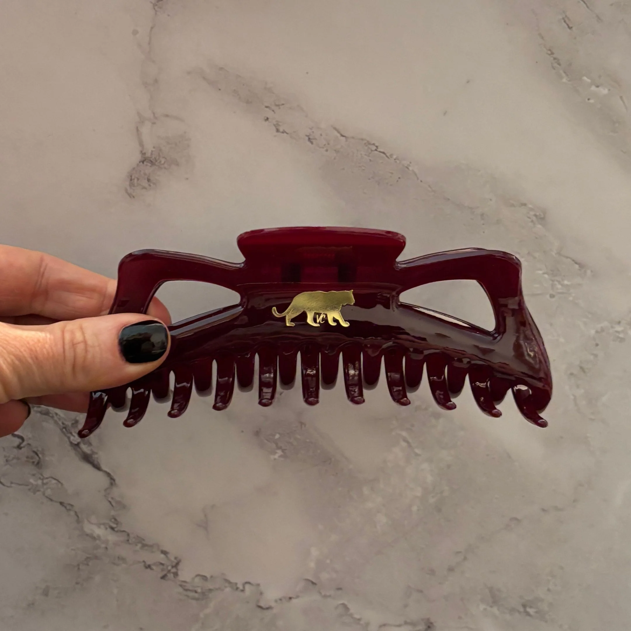 Giant Burgundy Hue Megabow Hair Claw for Long, Thick Hair | Velvet Claws Panther Icon in Gold Foil - Image 6