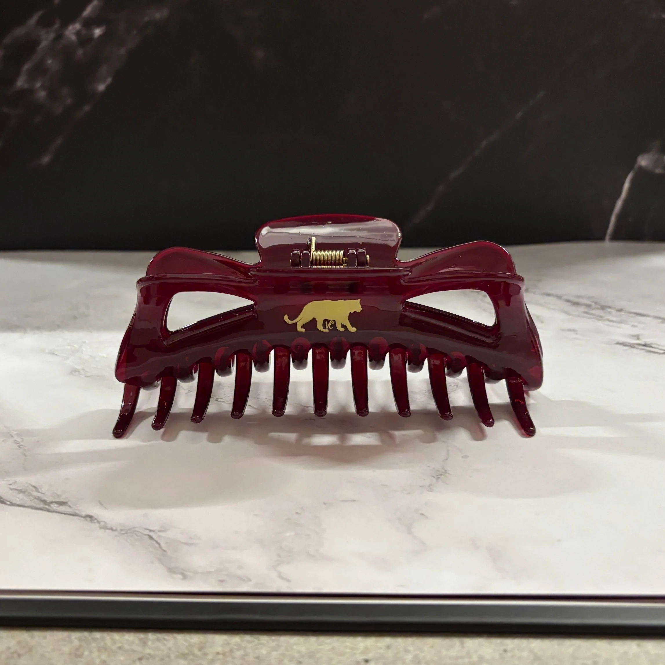 Giant Burgundy Hue Megabow Hair Claw for Long, Thick Hair | Velvet Claws Panther Icon in Gold Foil - Image 7