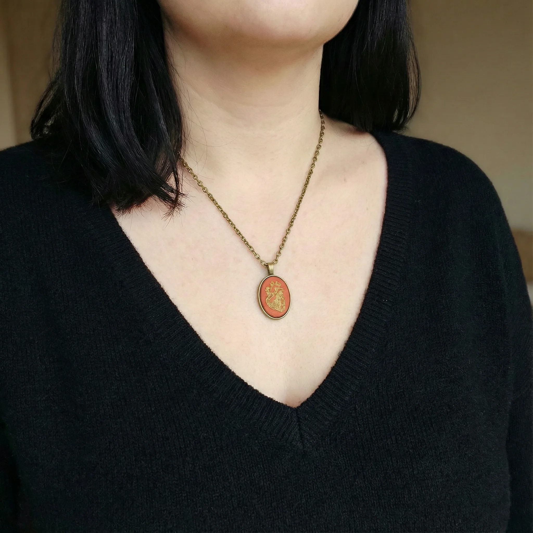 Burnt Red Anatomical Heart Small Cameo Oval Pendant | Brass | Handmade - Image 2