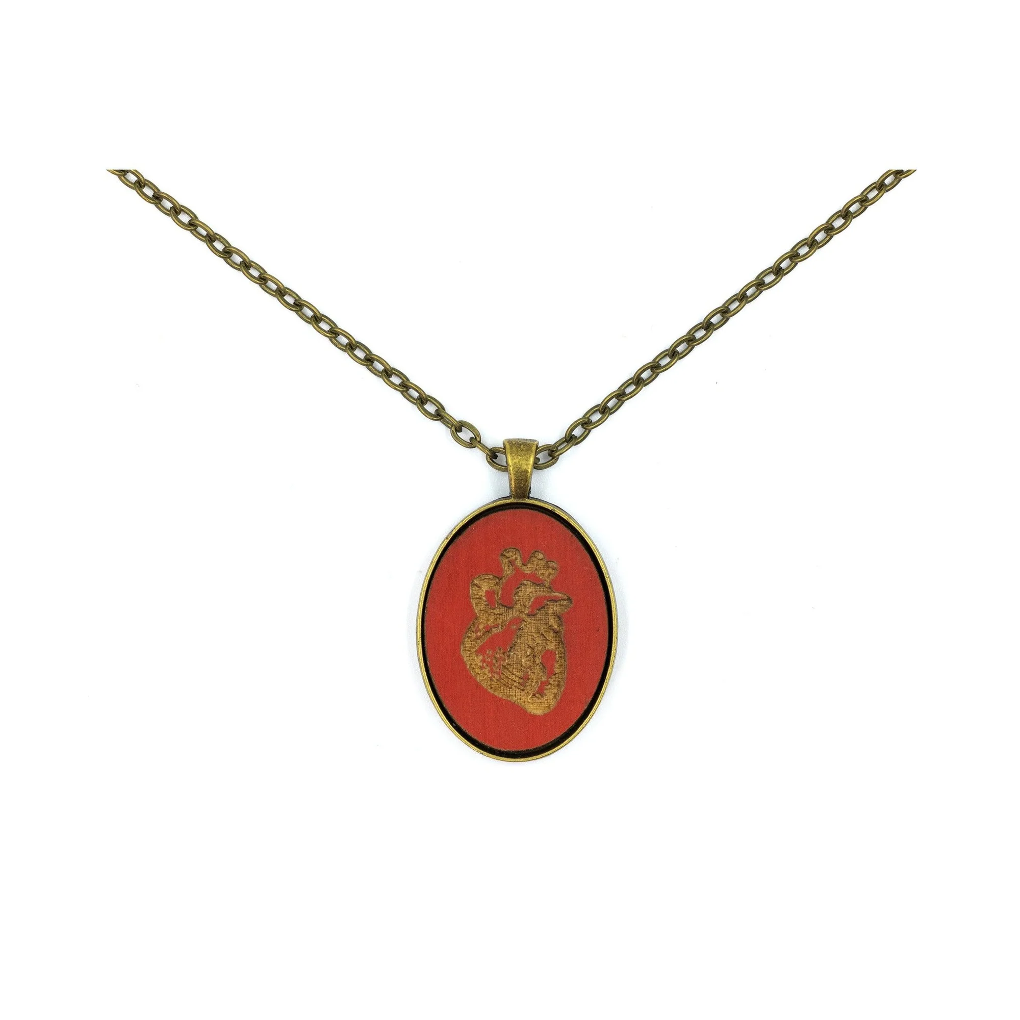 Burnt Red Anatomical Heart Small Cameo Oval Pendant | Brass | Handmade - Image 3