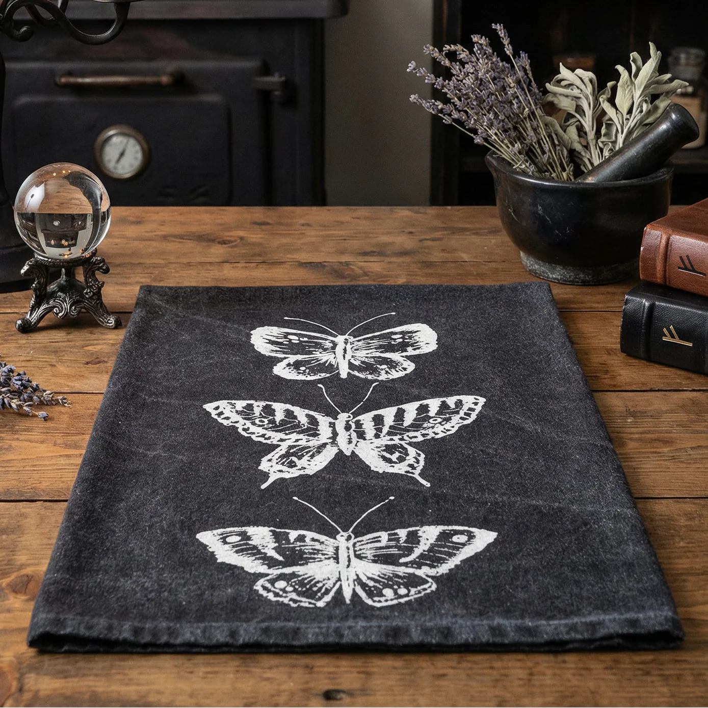 Dark Butterflies Kitchen Towel | Cotton Tea Hand Dish Cloth Black Stonewashed | 28" x 28" - Image 4