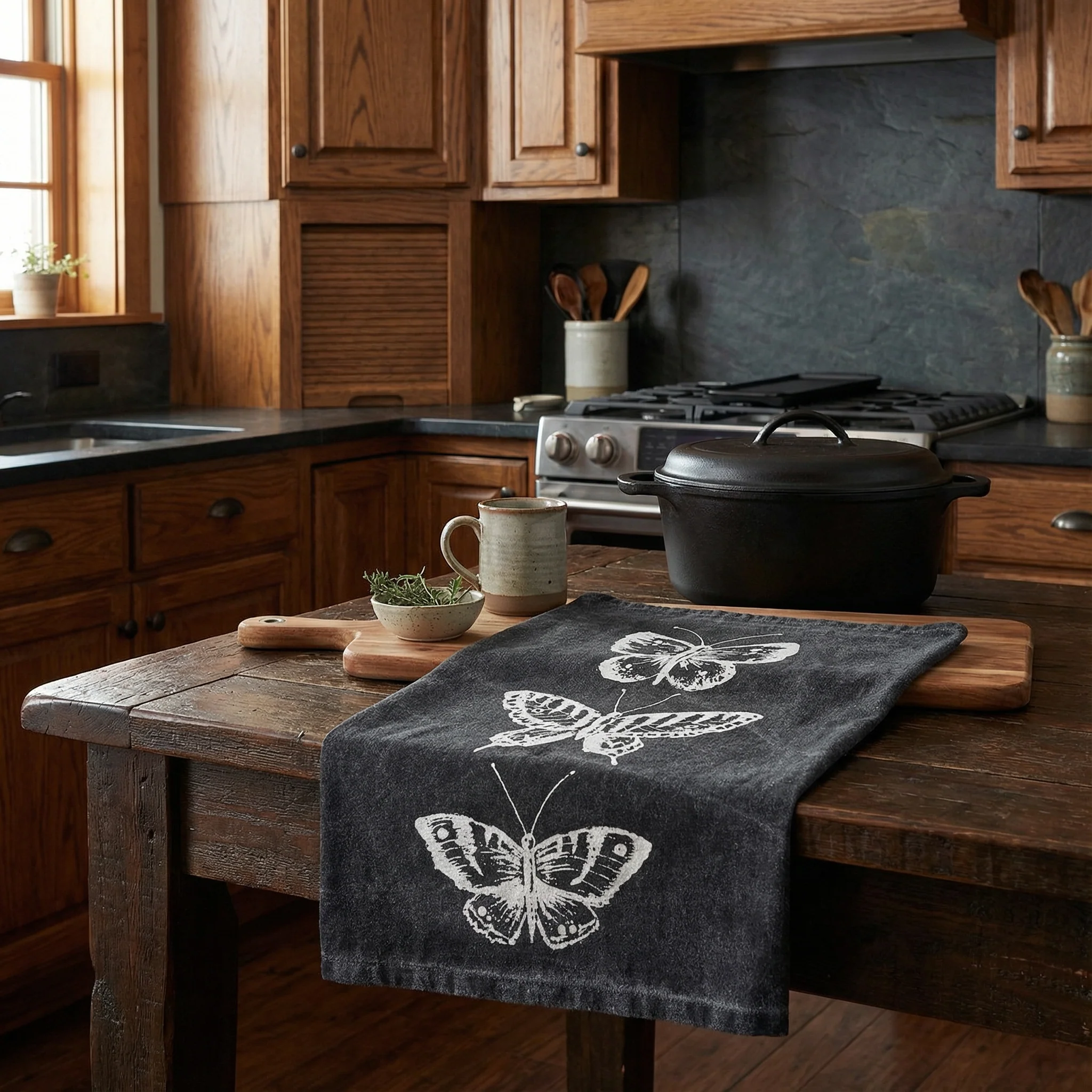 Dark Butterflies Kitchen Towel | Cotton Tea Hand Dish Cloth Black Stonewashed | 28" x 28" - Image 6