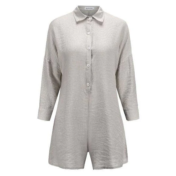 Button Shirt Cozy Rompers in Grey | One-Piece Long Sleeves Apparel [Size SM-XL] - Image 2