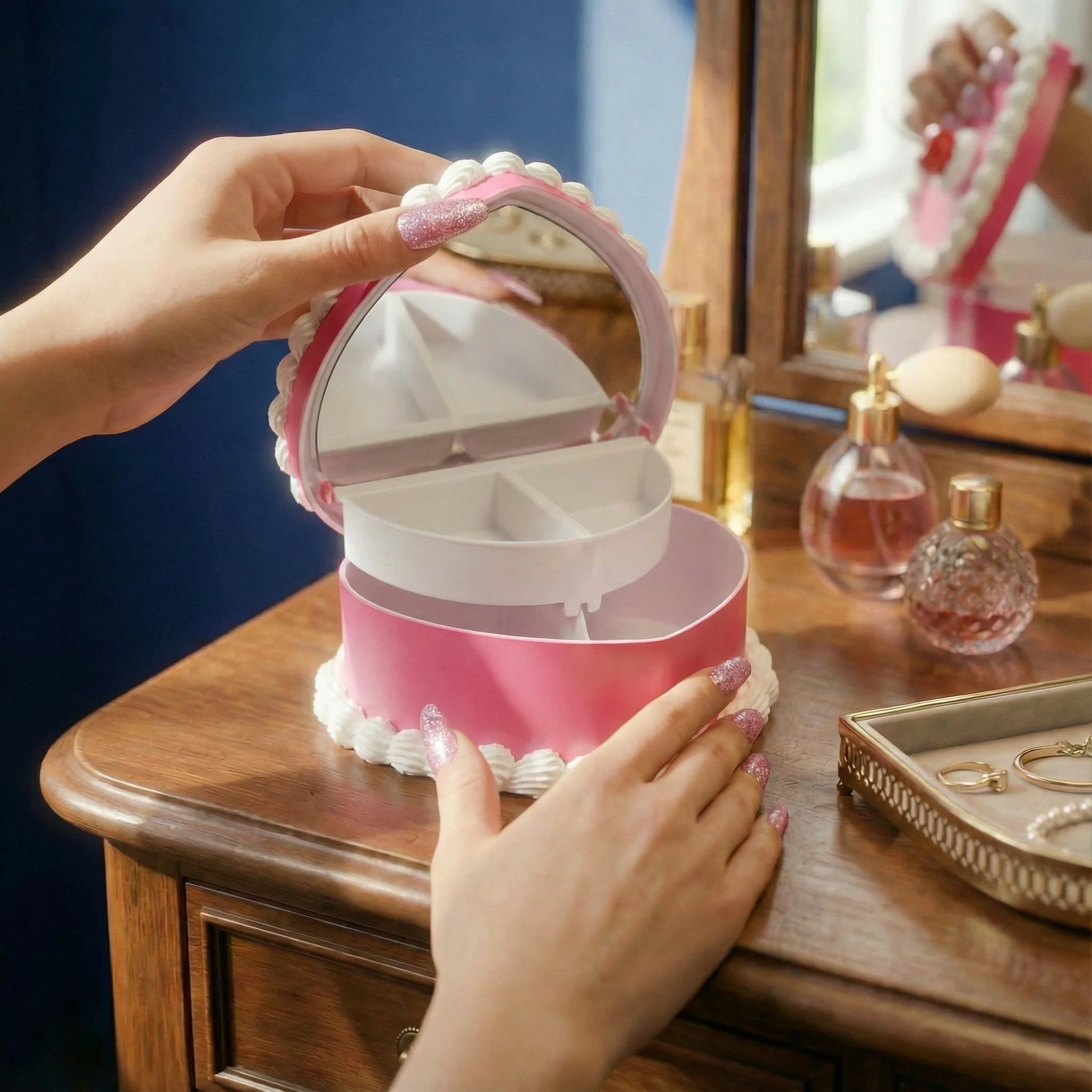 Cake Jewelry Box | Hand Decorated Small Heart Cake Storage Box in Blue or Pink - Image 4