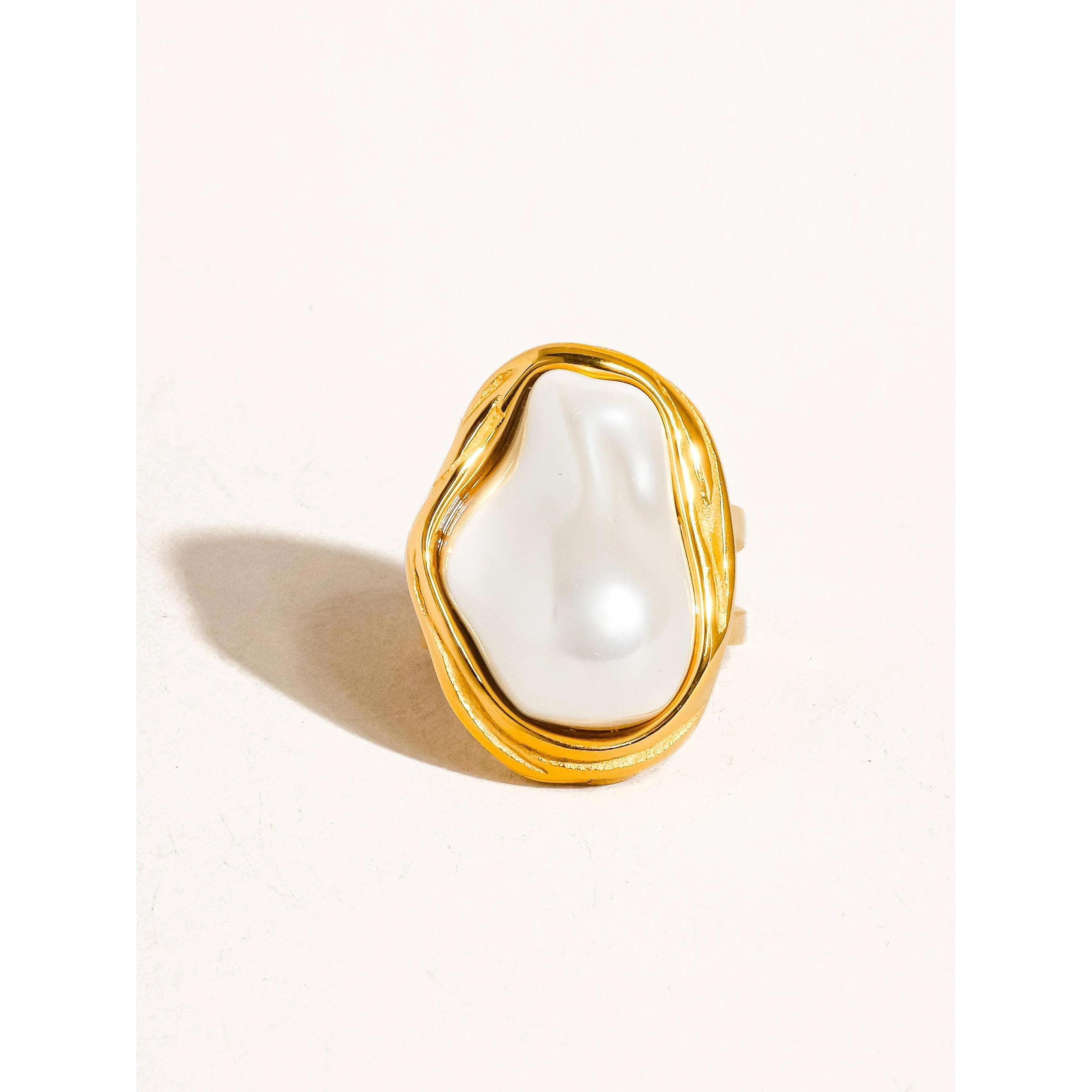 Cameron 18K Gold Non-Tarnish Classic Pearl Round Ring | Adjustable Ring - Image 3