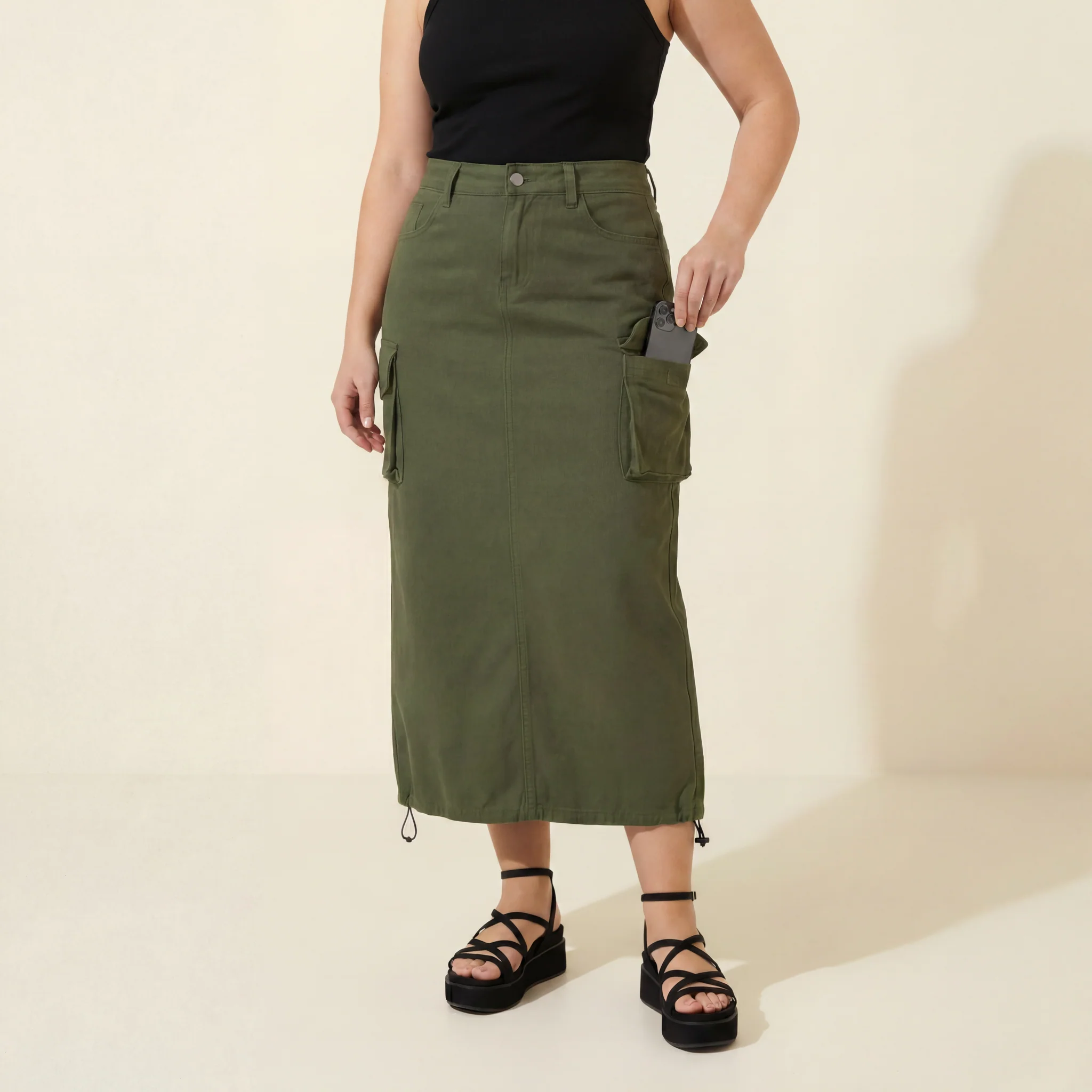 Cargo Midi Skirt | Drawstring Side Utility Skirt | Streetwear Cargo Skirt with Pockets | Green or Grey