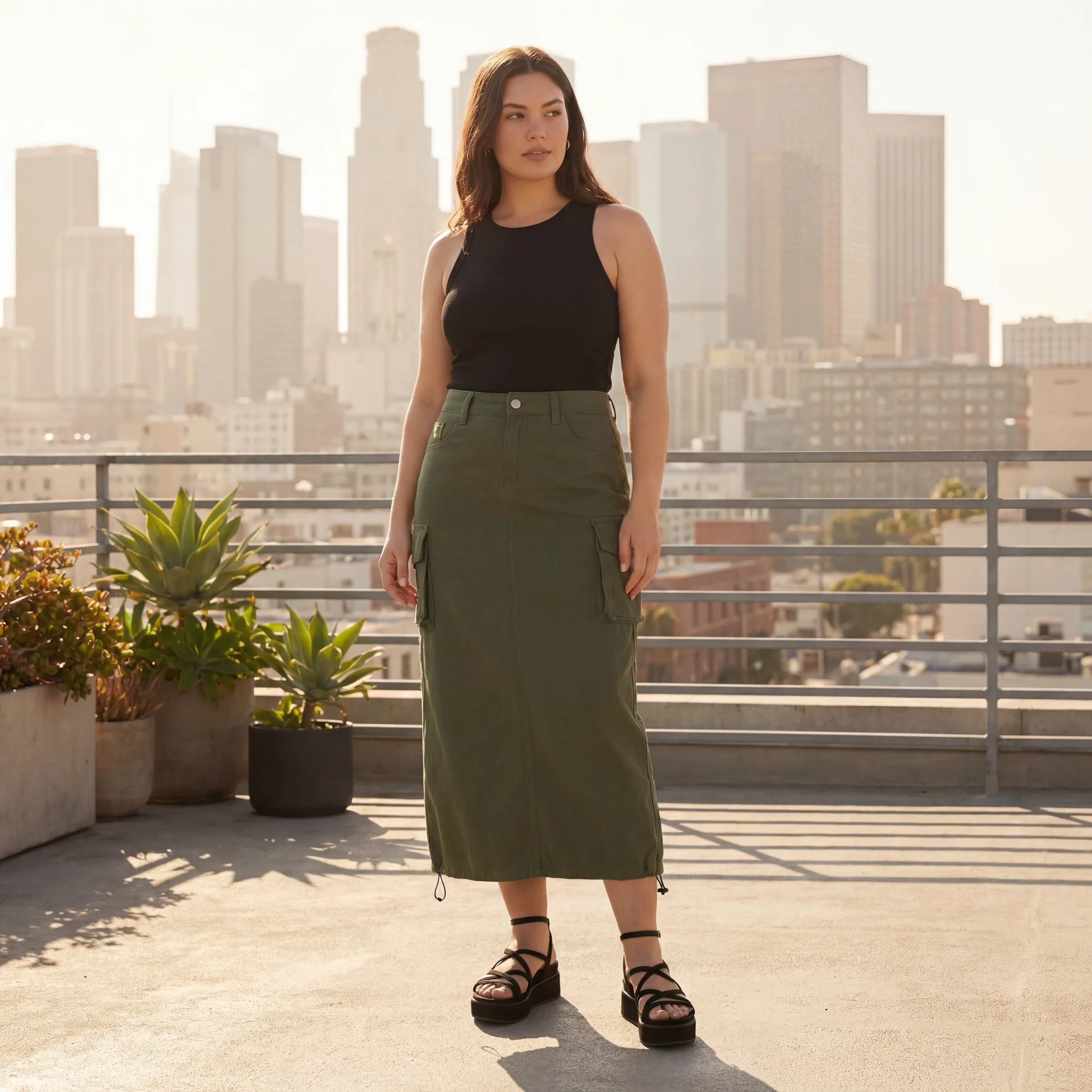 Cargo Midi Skirt | Drawstring Side Utility Skirt | Streetwear Cargo Skirt with Pockets | Green or Grey - Image 2