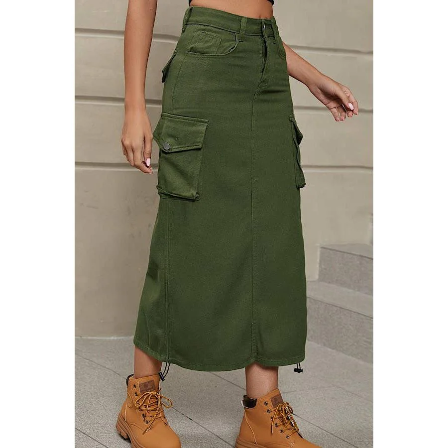 Cargo Midi Skirt | Drawstring Side Utility Skirt | Streetwear Cargo Skirt with Pockets | Green or Grey - Image 3