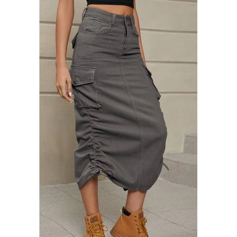 Cargo Midi Skirt | Drawstring Side Utility Skirt | Streetwear Cargo Skirt with Pockets | Green or Grey - Image 4