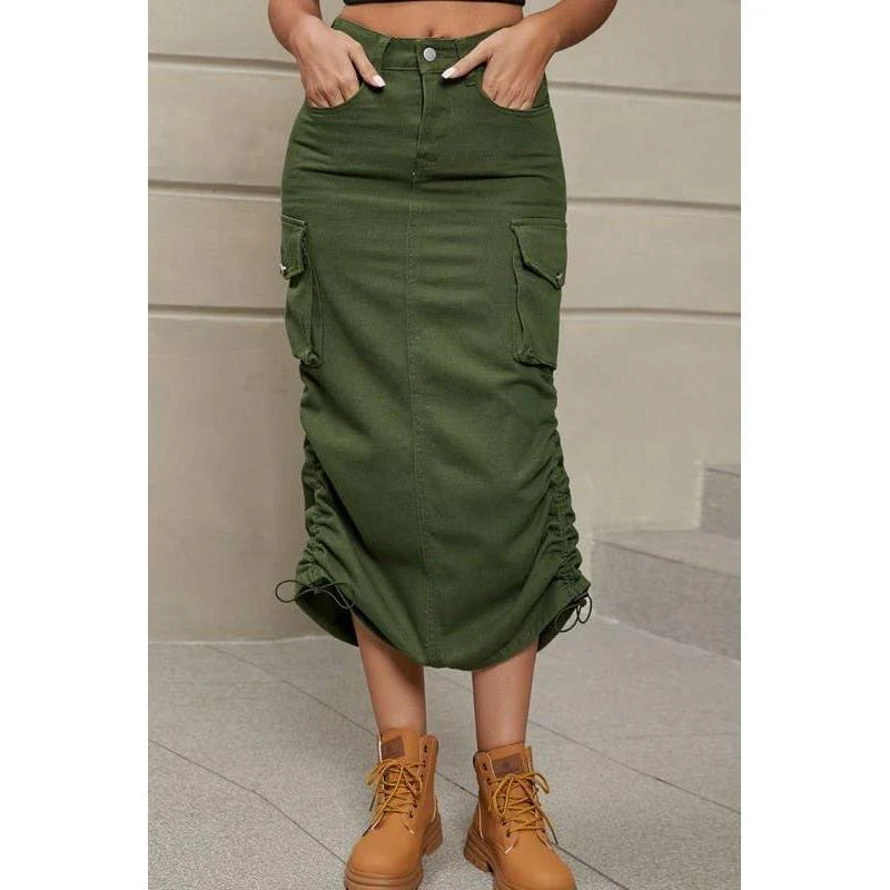 Cargo Midi Skirt | Drawstring Side Utility Skirt | Streetwear Cargo Skirt with Pockets | Green or Grey - Image 5
