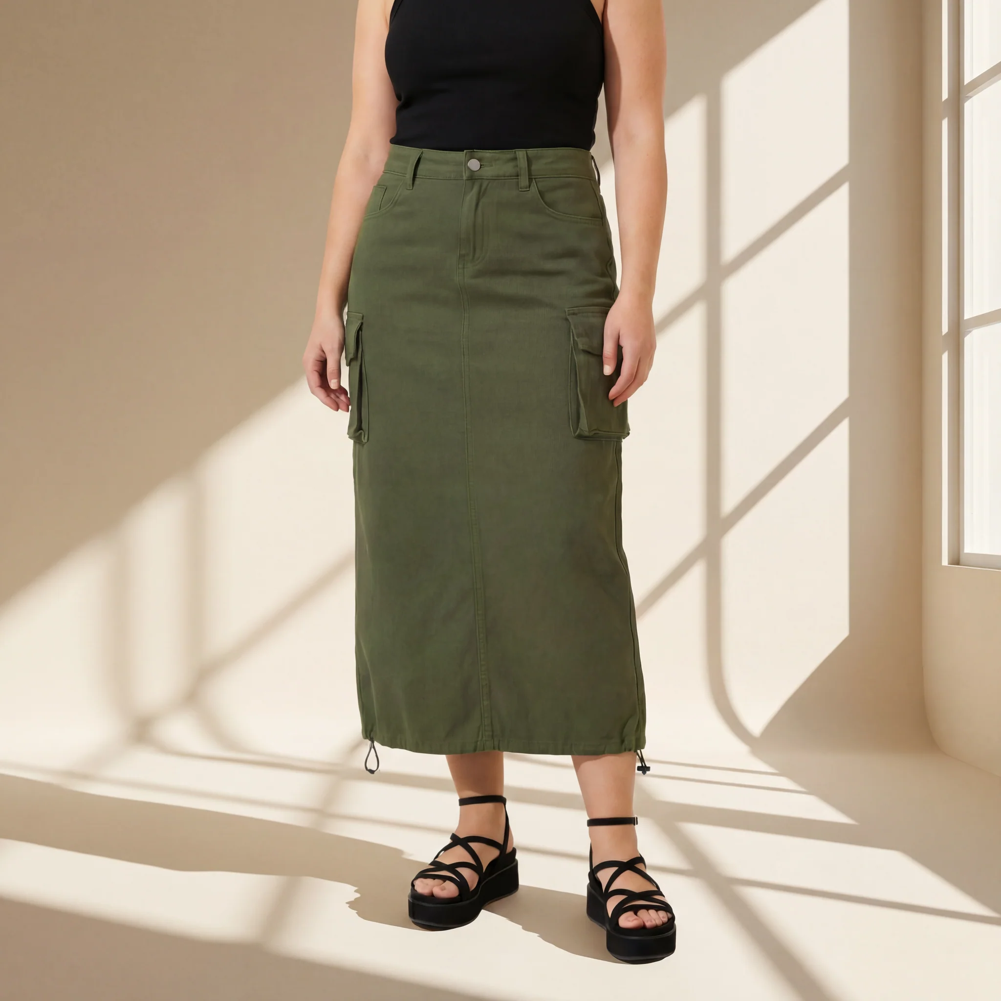 Cargo Midi Skirt | Drawstring Side Utility Skirt | Streetwear Cargo Skirt with Pockets | Green or Grey - Image 6