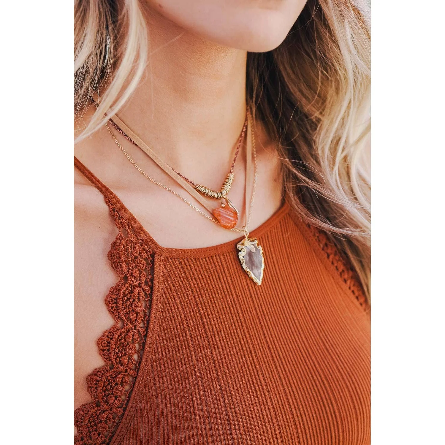 Carnelian & Brown Agate Multi Layered Suede Necklace - Image 2