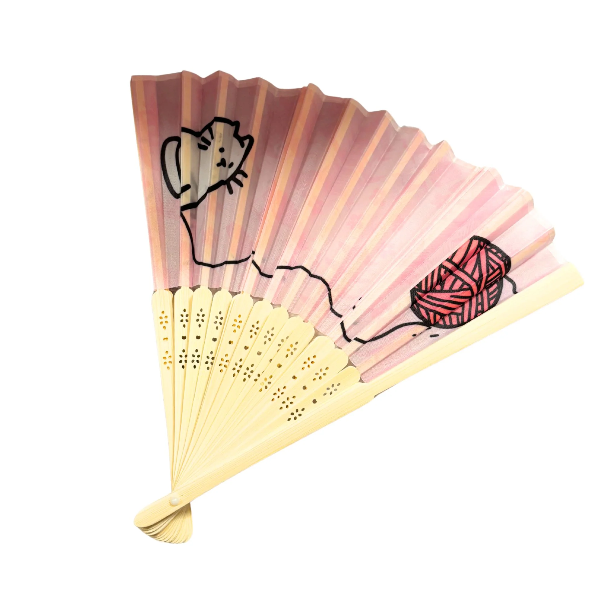Cat and Yarn Design Paper Folding Fan | Handheld Fan with Wooden Frame | 10" - Image 3