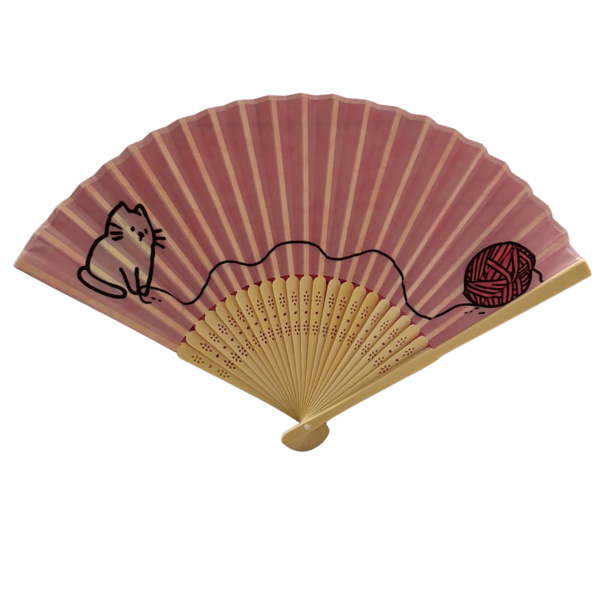 Cat and Yarn Design Paper Folding Fan | Handheld Fan with Wooden Frame | 10" - Image 5