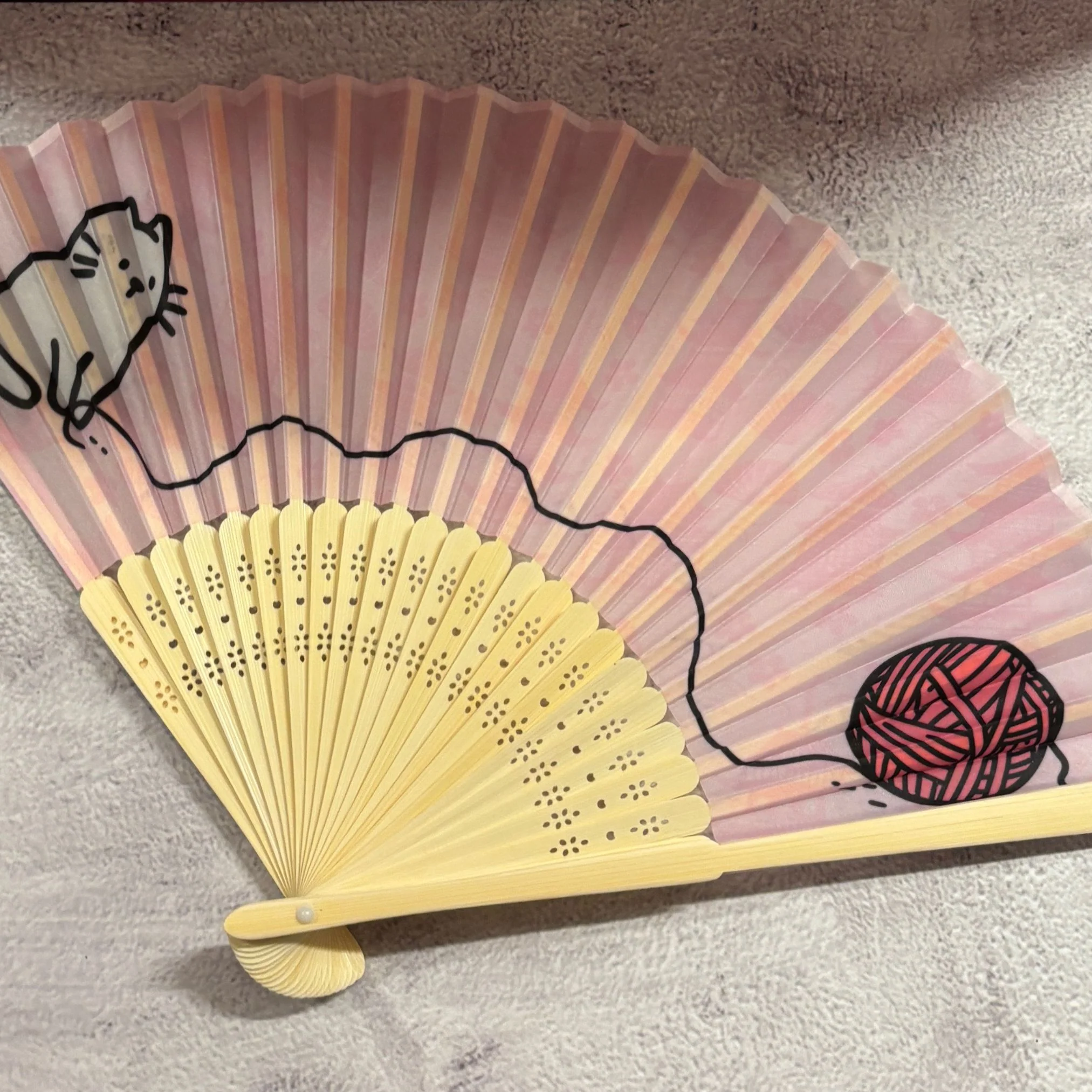 Cat and Yarn Design Paper Folding Fan | Handheld Fan with Wooden Frame | 10" - Image 6